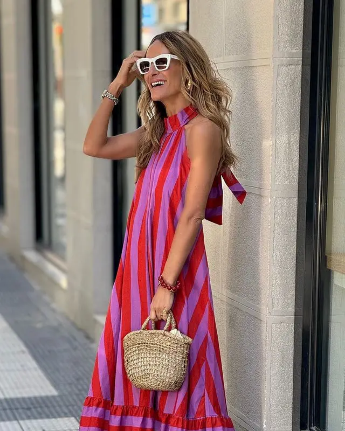 Stripe Print Halter Neck  Backless Casual Loose Maxi Dress