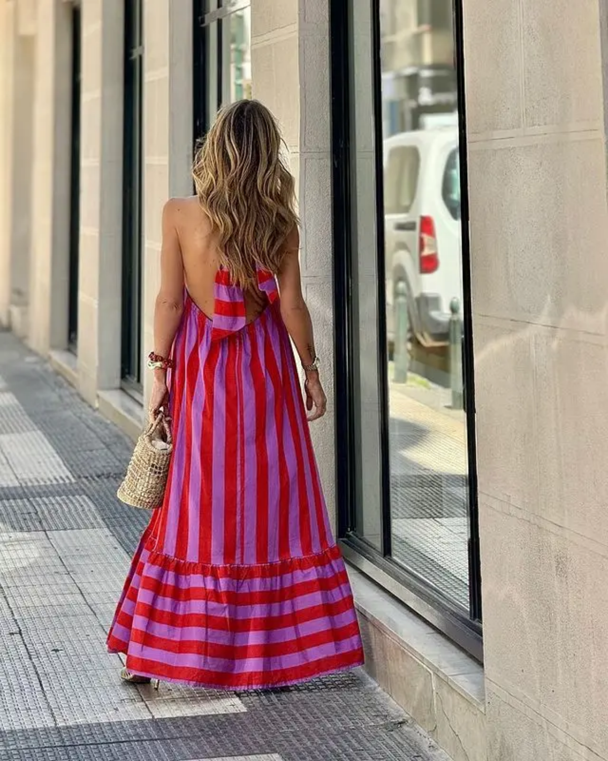 Stripe Print Halter Neck  Backless Casual Loose Maxi Dress