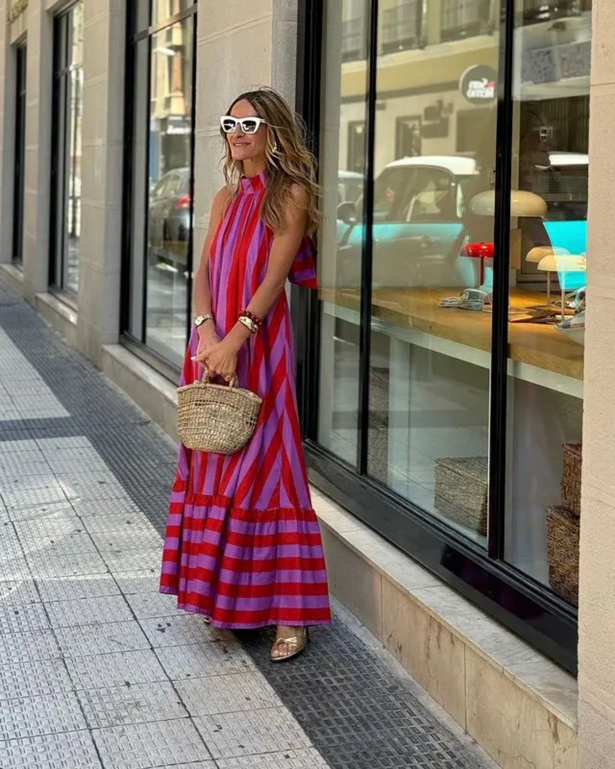 Stripe Print Halter Neck  Backless Casual Loose Maxi Dress