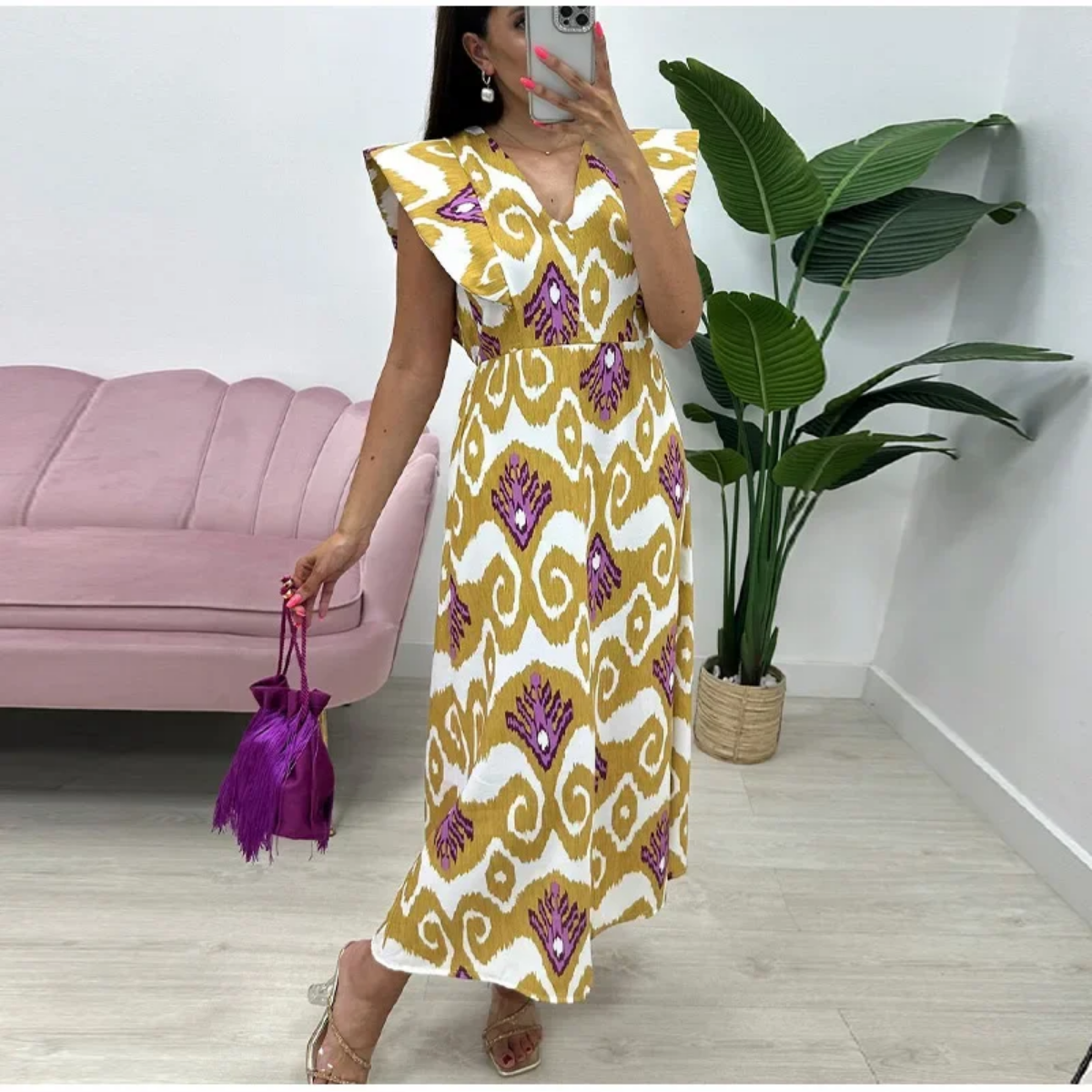 2024 Summer Printed V-neck Flying Sleeve Maxi Dress