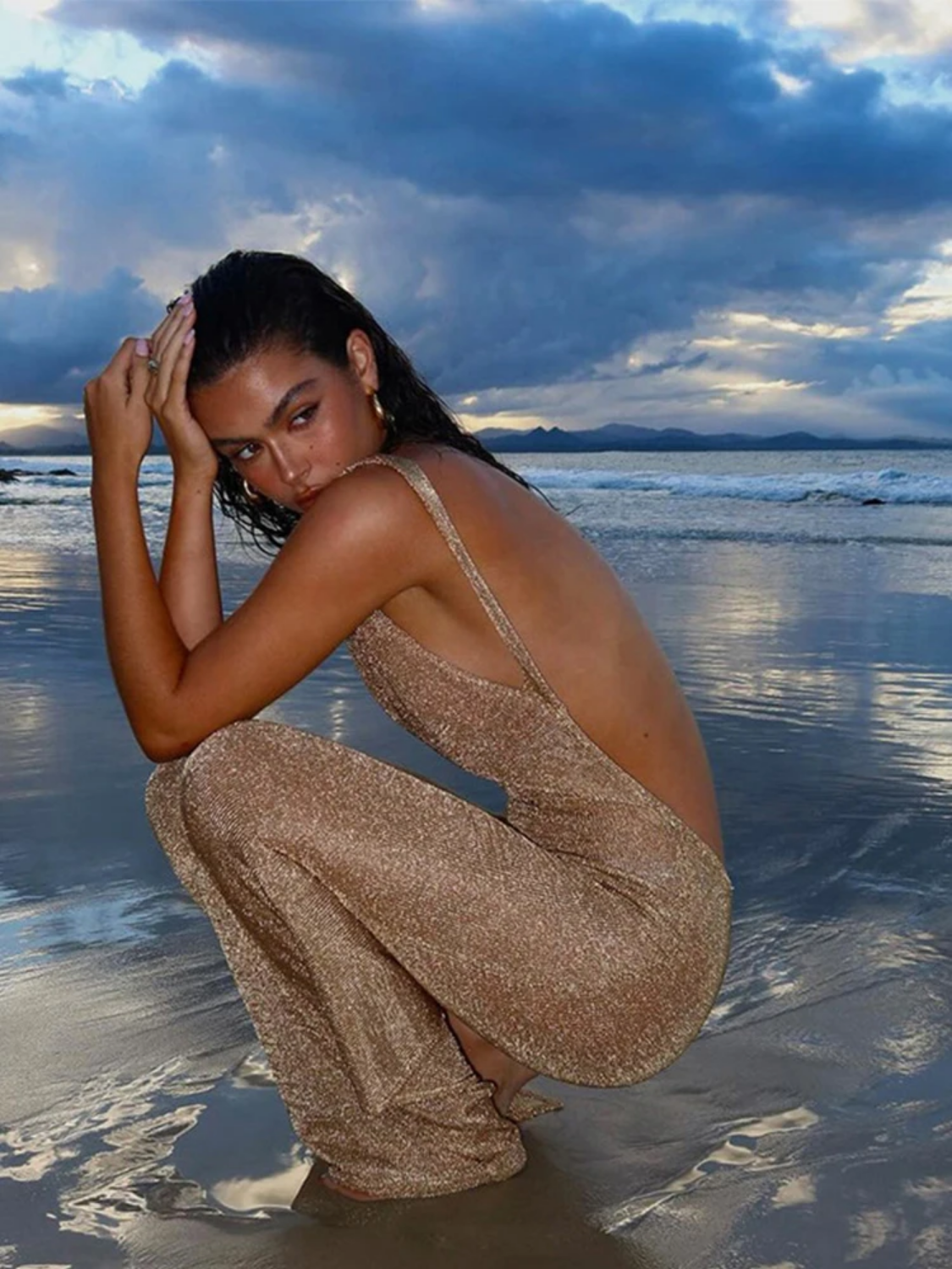 Gold Sequin Split Backless Maxi Beach Dress