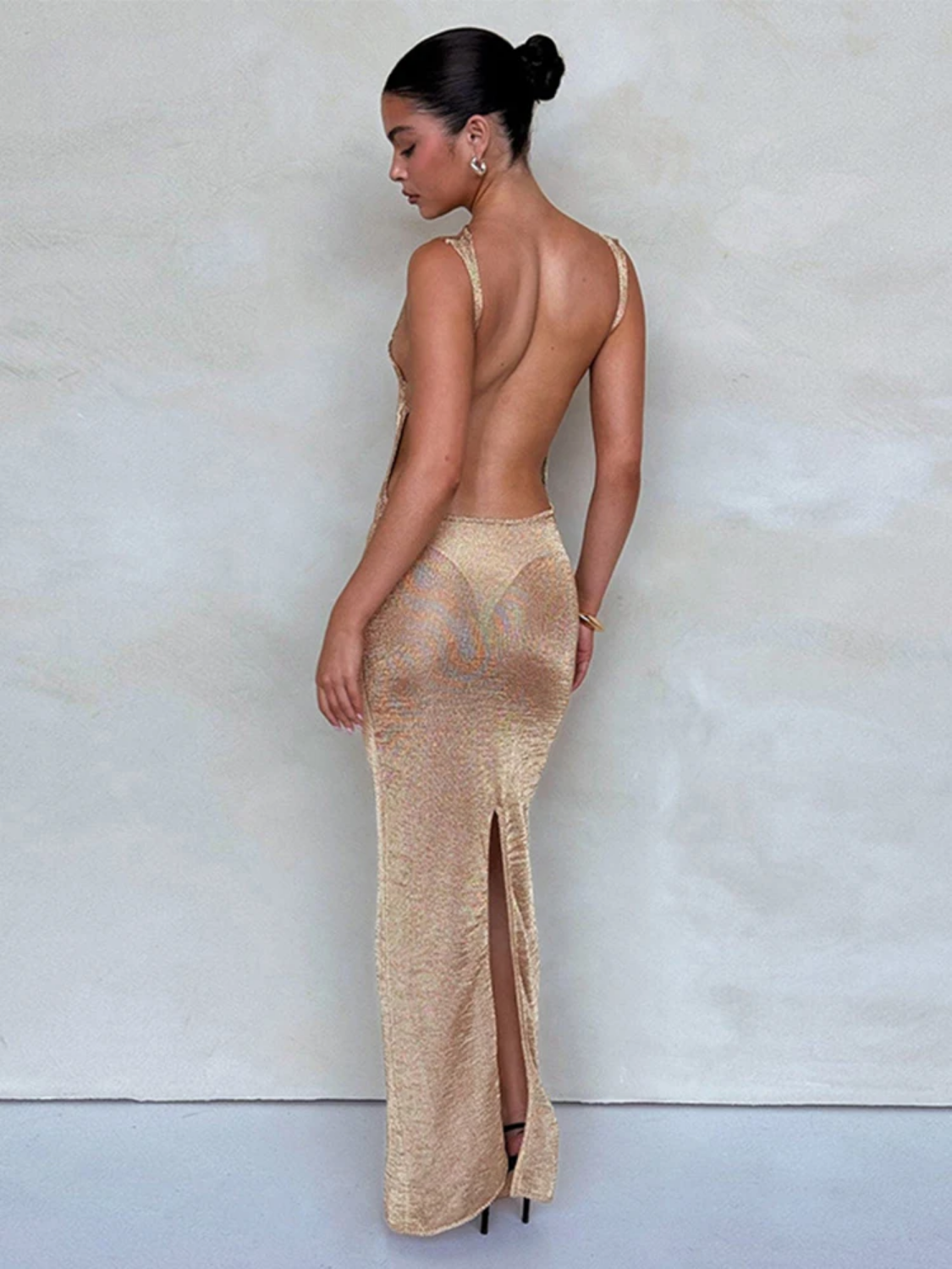 Gold Sequin Split Backless Maxi Beach Dress