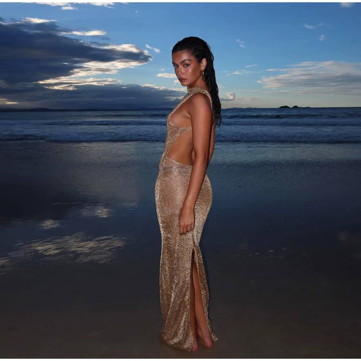 Gold Sequin Split Backless Maxi Beach Dress