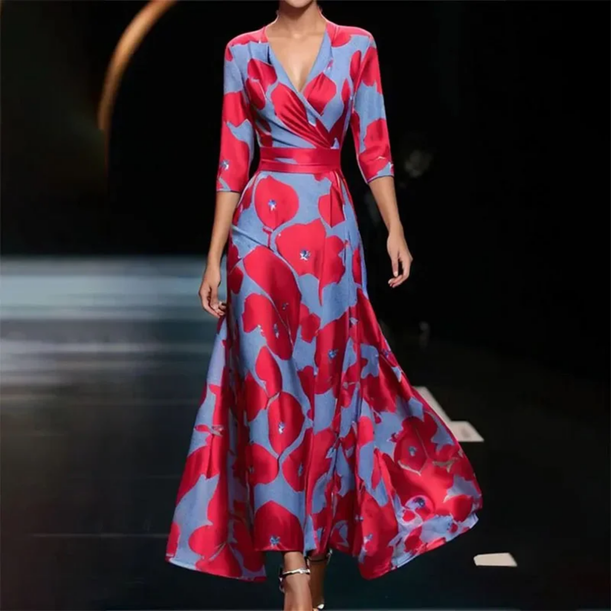 2024 Sexy Spring V Neck Printed Hem Boho Maxi Dress