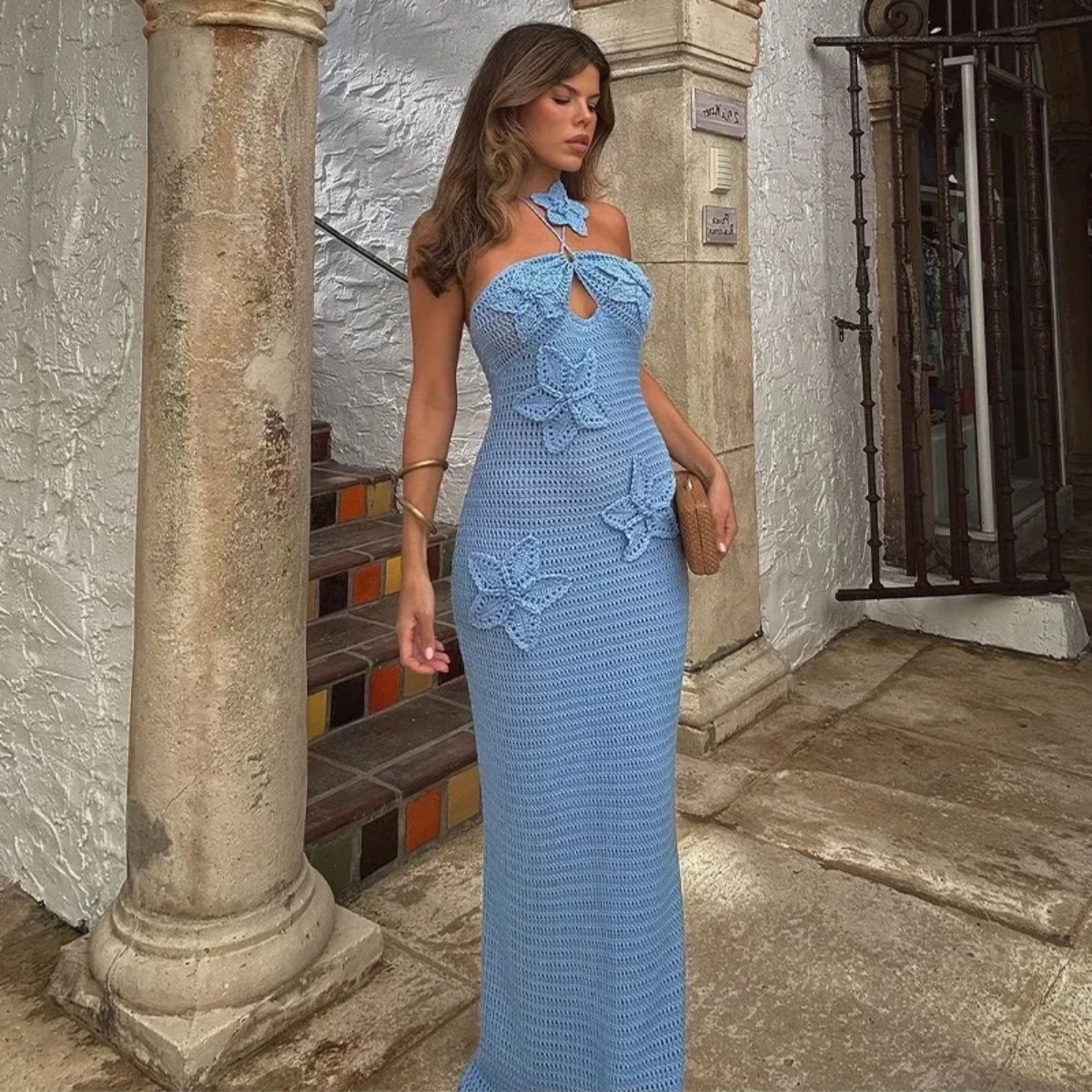 2024 Summer Elegant Backless Off Shoulder  Fashion Halter Crochet Hook Solid Maxi Dresses