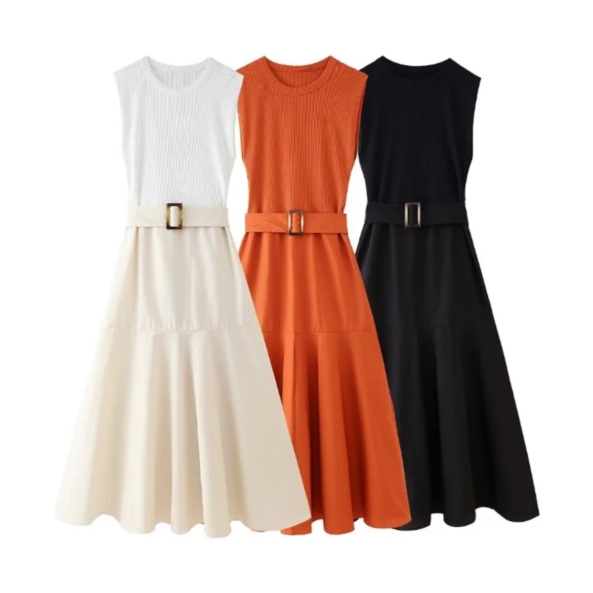 Elegant Solid Knitted Spliced Pleated Hem O Neck Sleeveless Belted Midi Dress