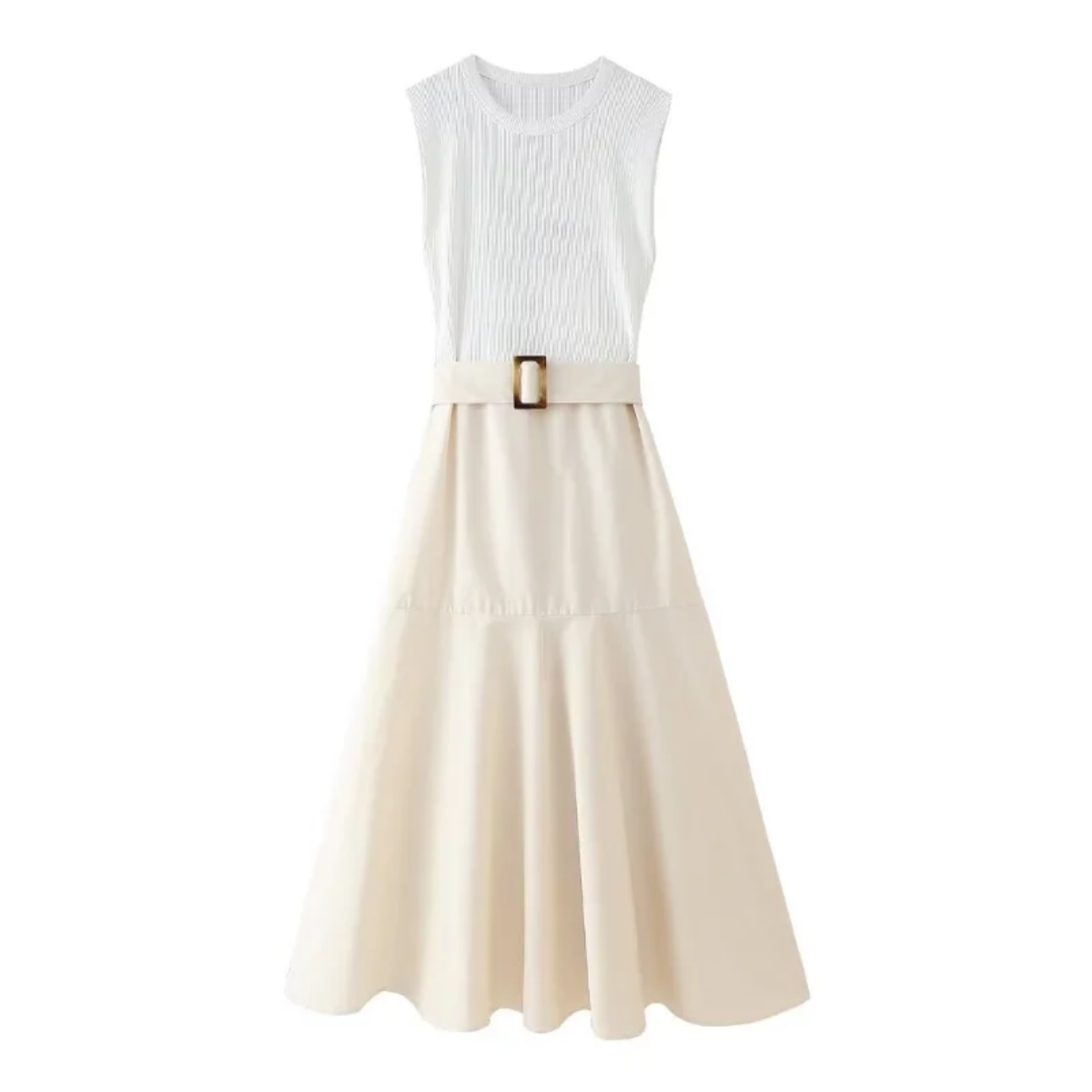 Elegant Solid Knitted Spliced Pleated Hem O Neck Sleeveless Belted Midi Dress