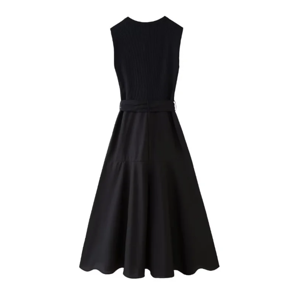 Elegant Solid Knitted Spliced Pleated Hem O Neck Sleeveless Belted Midi Dress