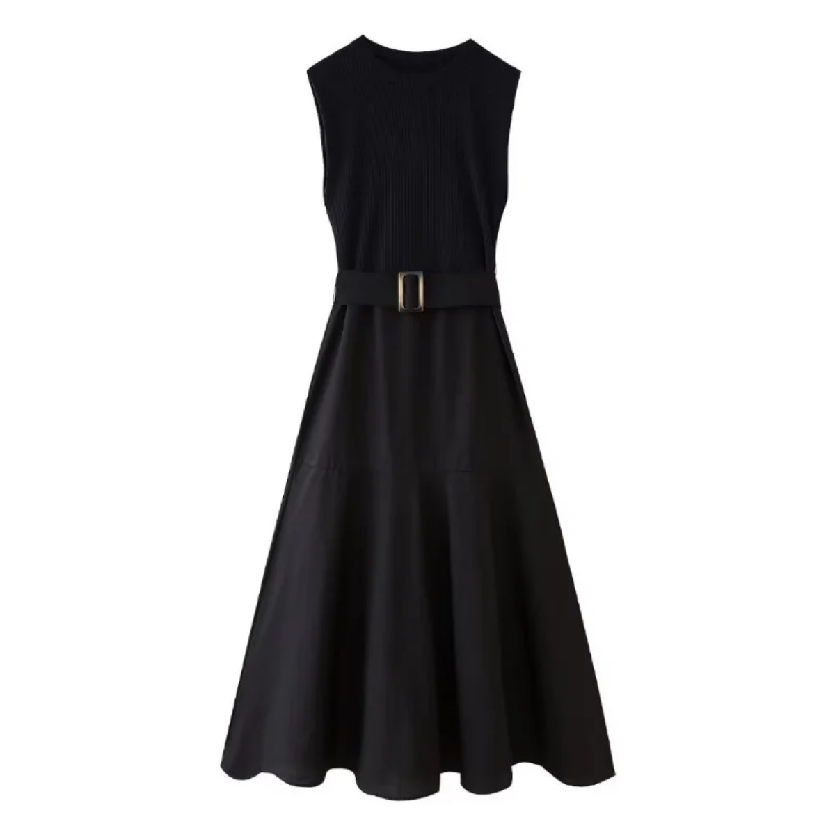 Elegant Solid Knitted Spliced Pleated Hem O Neck Sleeveless Belted Midi Dress