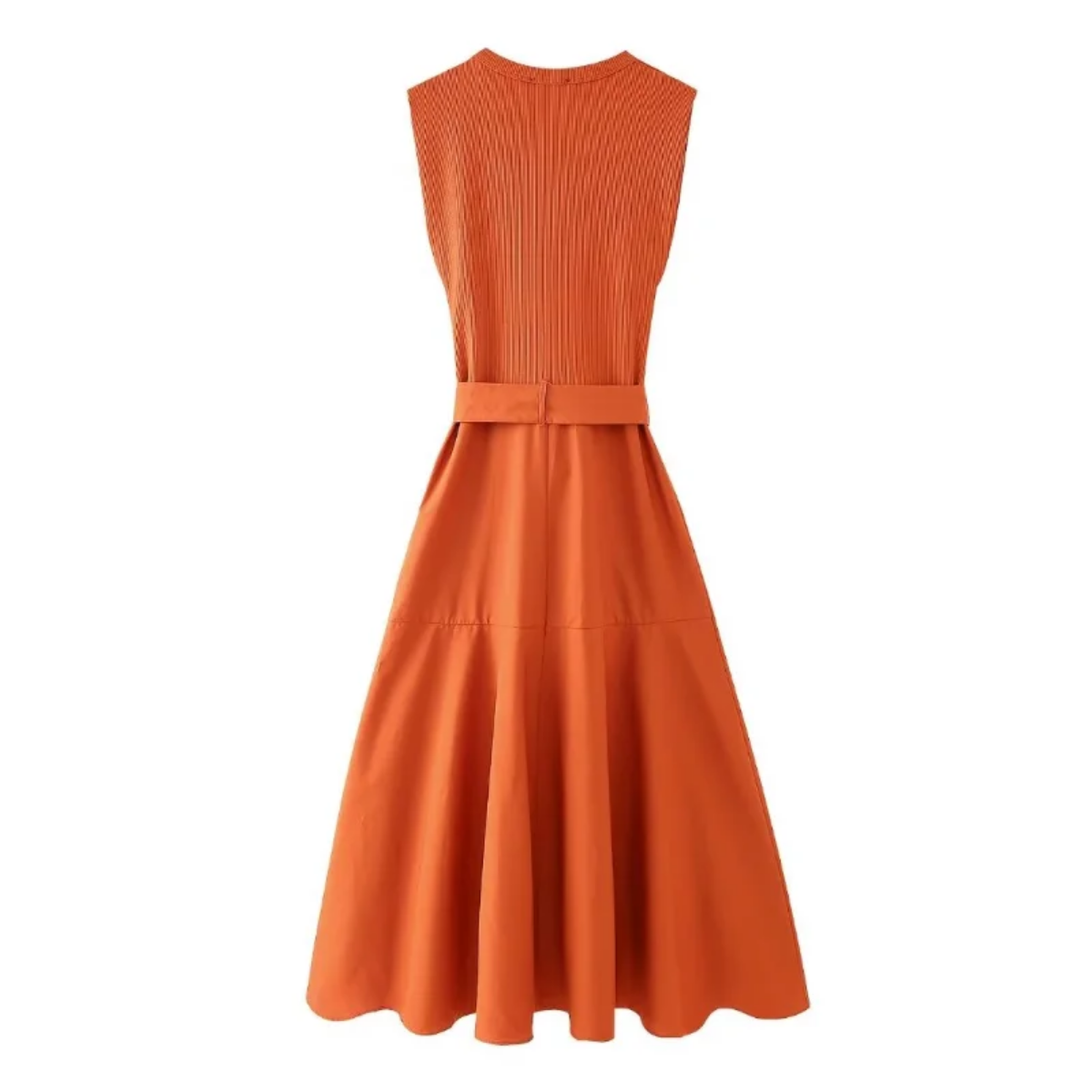 Elegant Solid Knitted Spliced Pleated Hem O Neck Sleeveless Belted Midi Dress