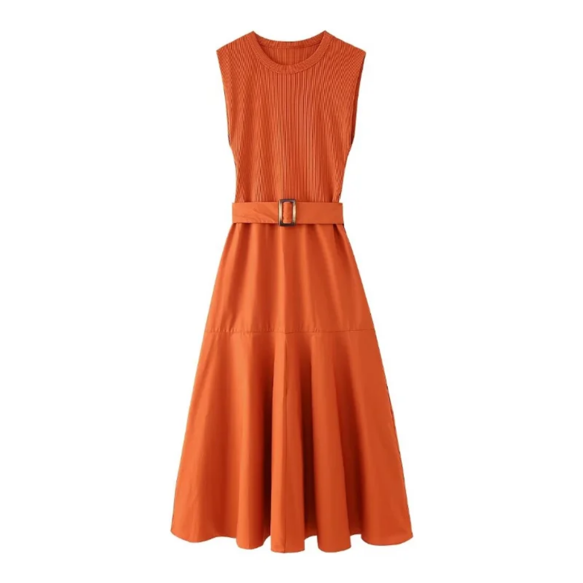 Elegant Solid Knitted Spliced Pleated Hem O Neck Sleeveless Belted Midi Dress