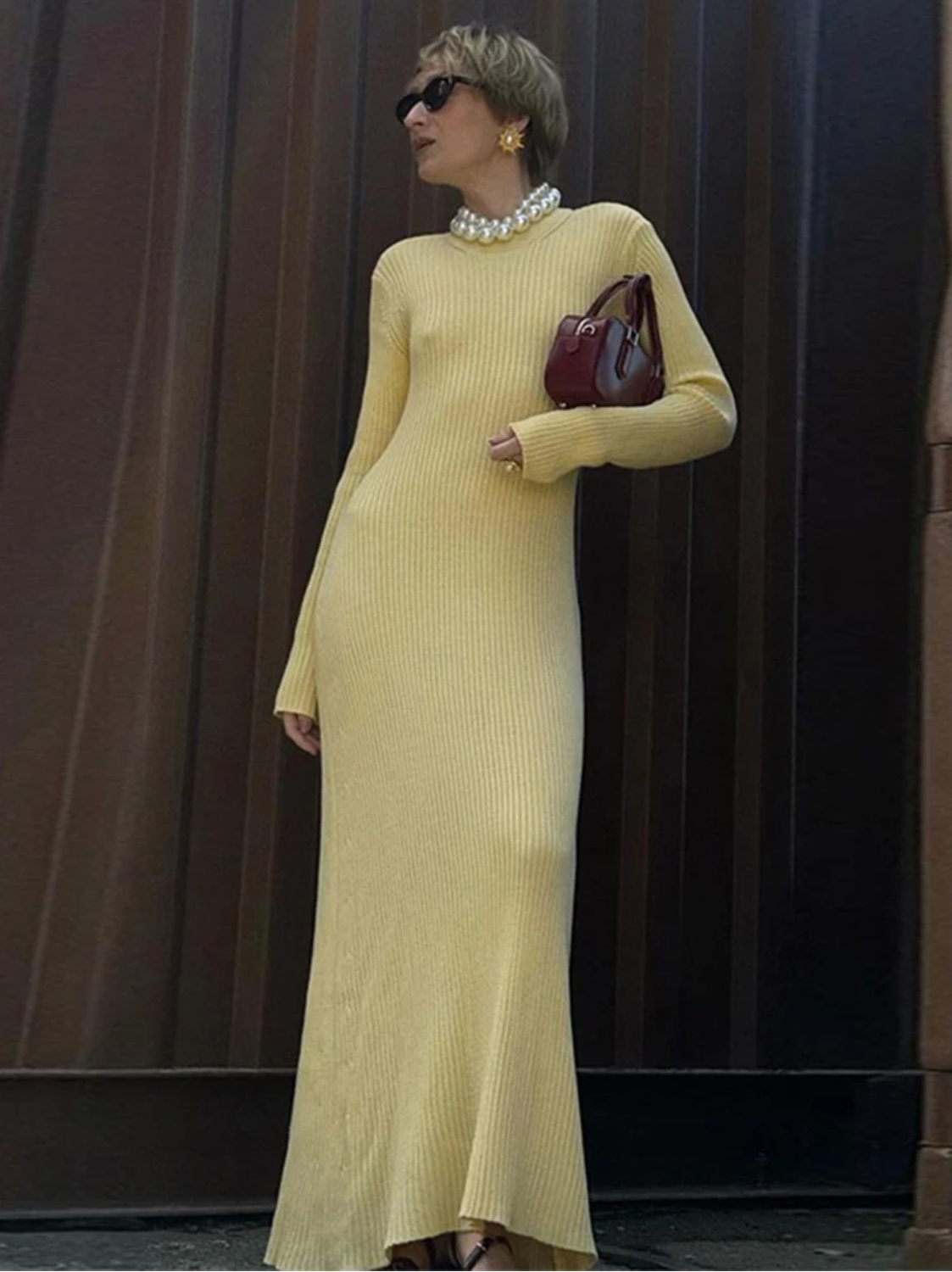 Knitted Backless Long Sleeve Maxi Dress