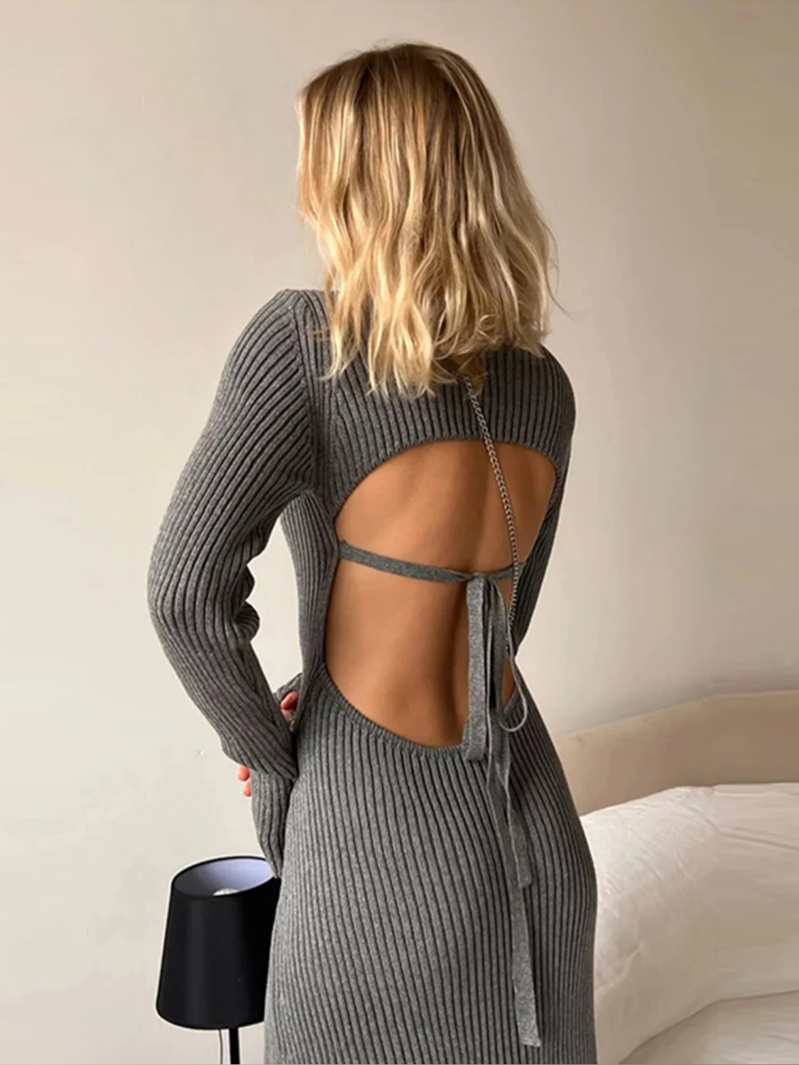 Knitted Backless Long Sleeve Maxi Dress