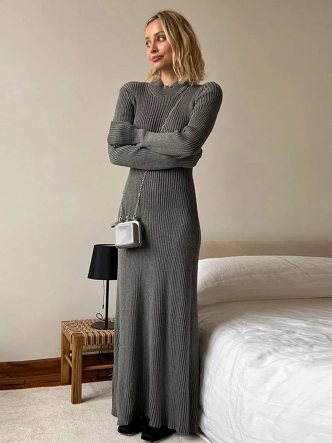 Knitted Backless Long Sleeve Maxi Dress