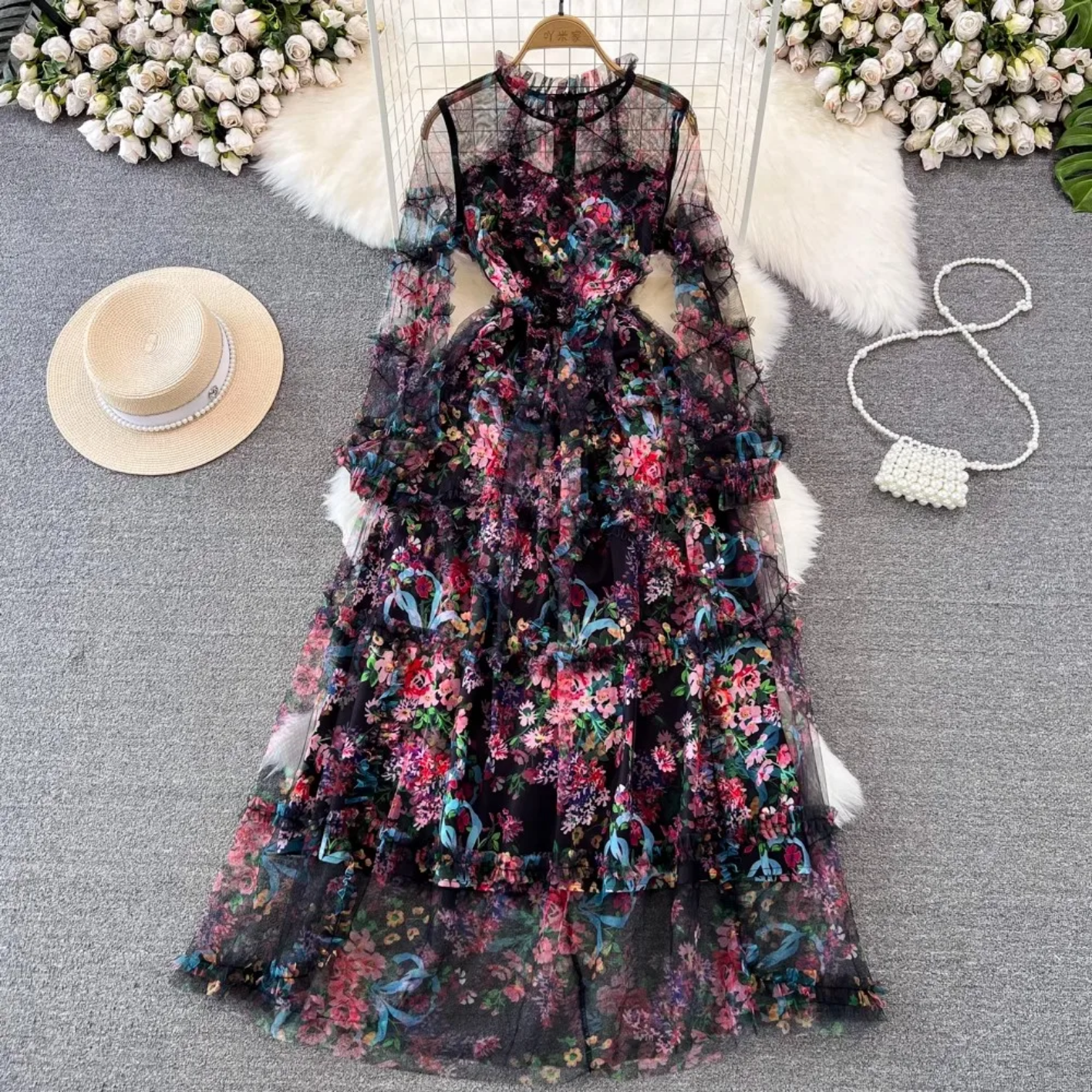 French Elegant Print Gorgeous Flower Cascading Ruffles Long Dress