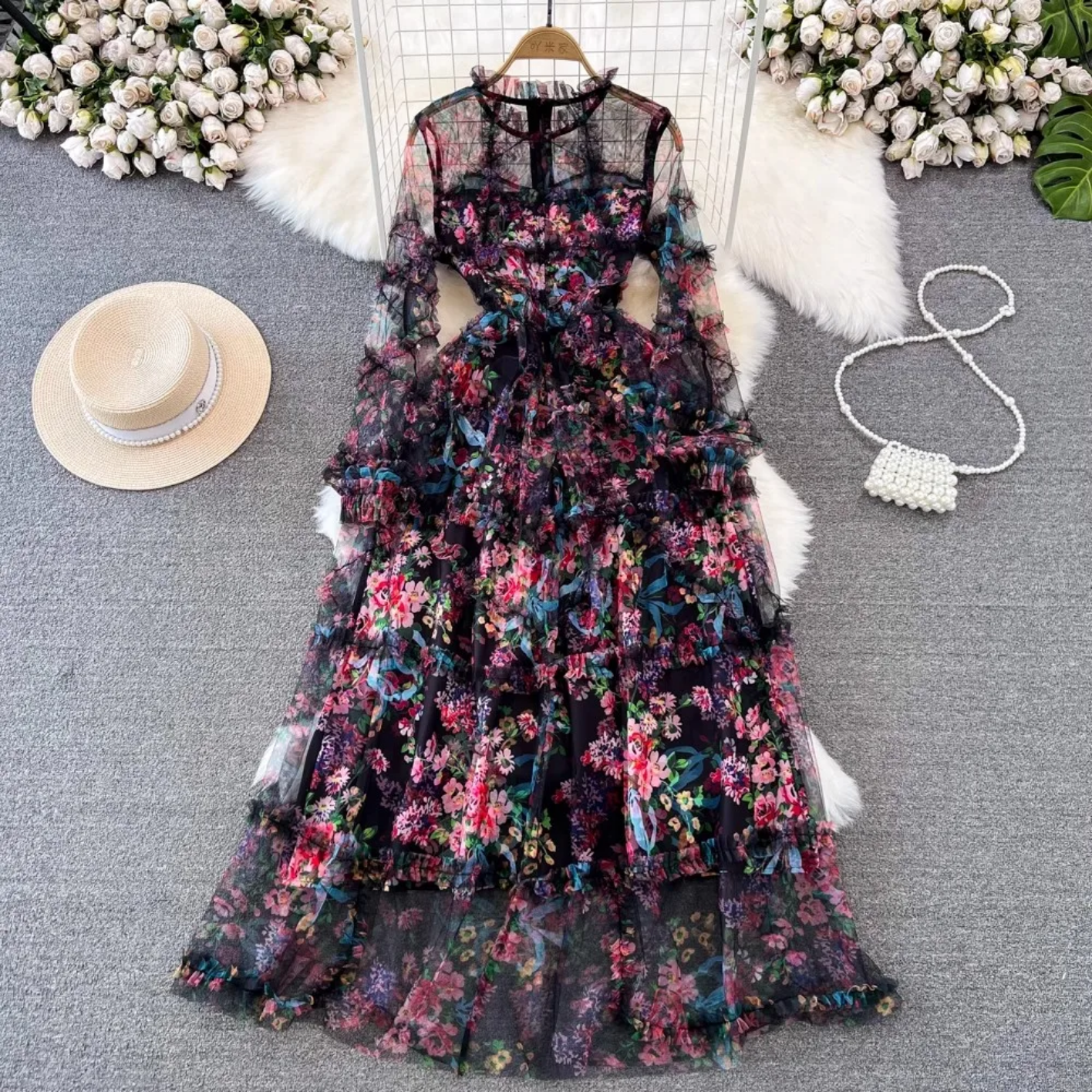 French Elegant Print Gorgeous Flower Cascading Ruffles Long Dress