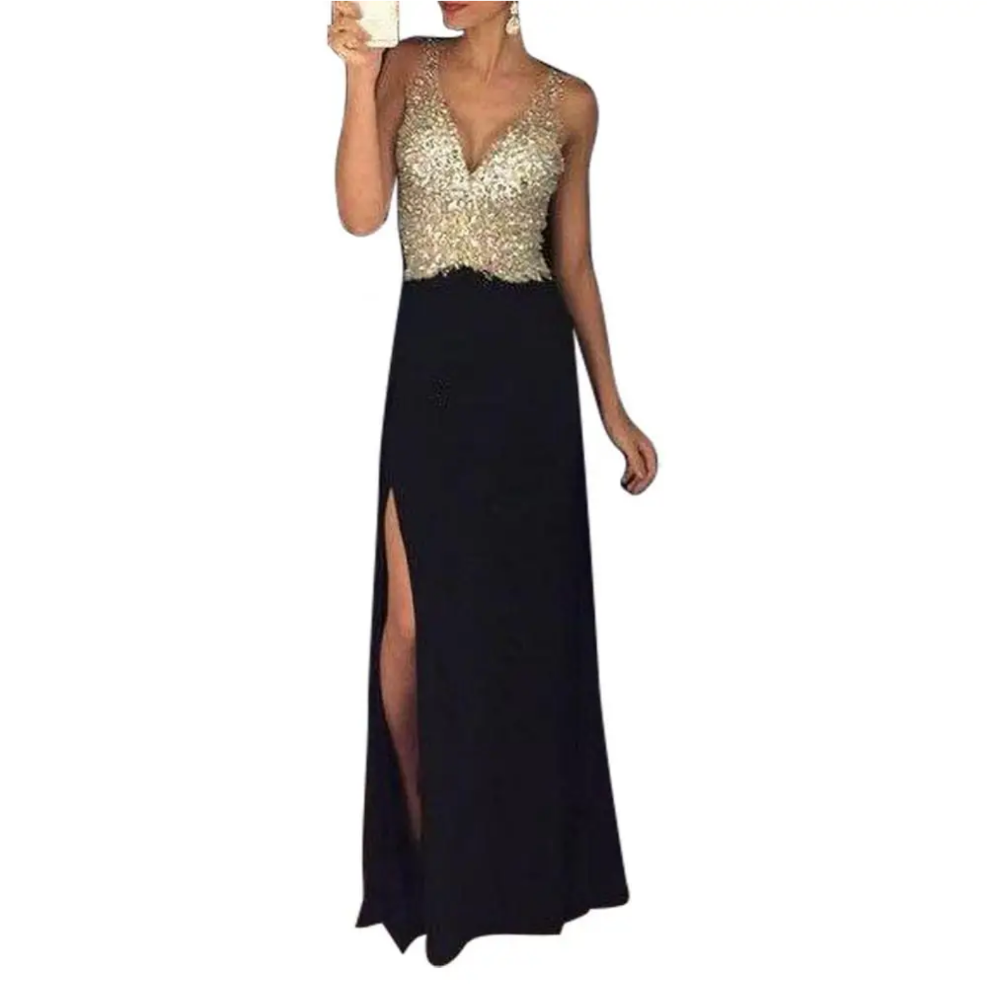 Sleeveless  Sequined Deep V Neck Long Skirt Dress