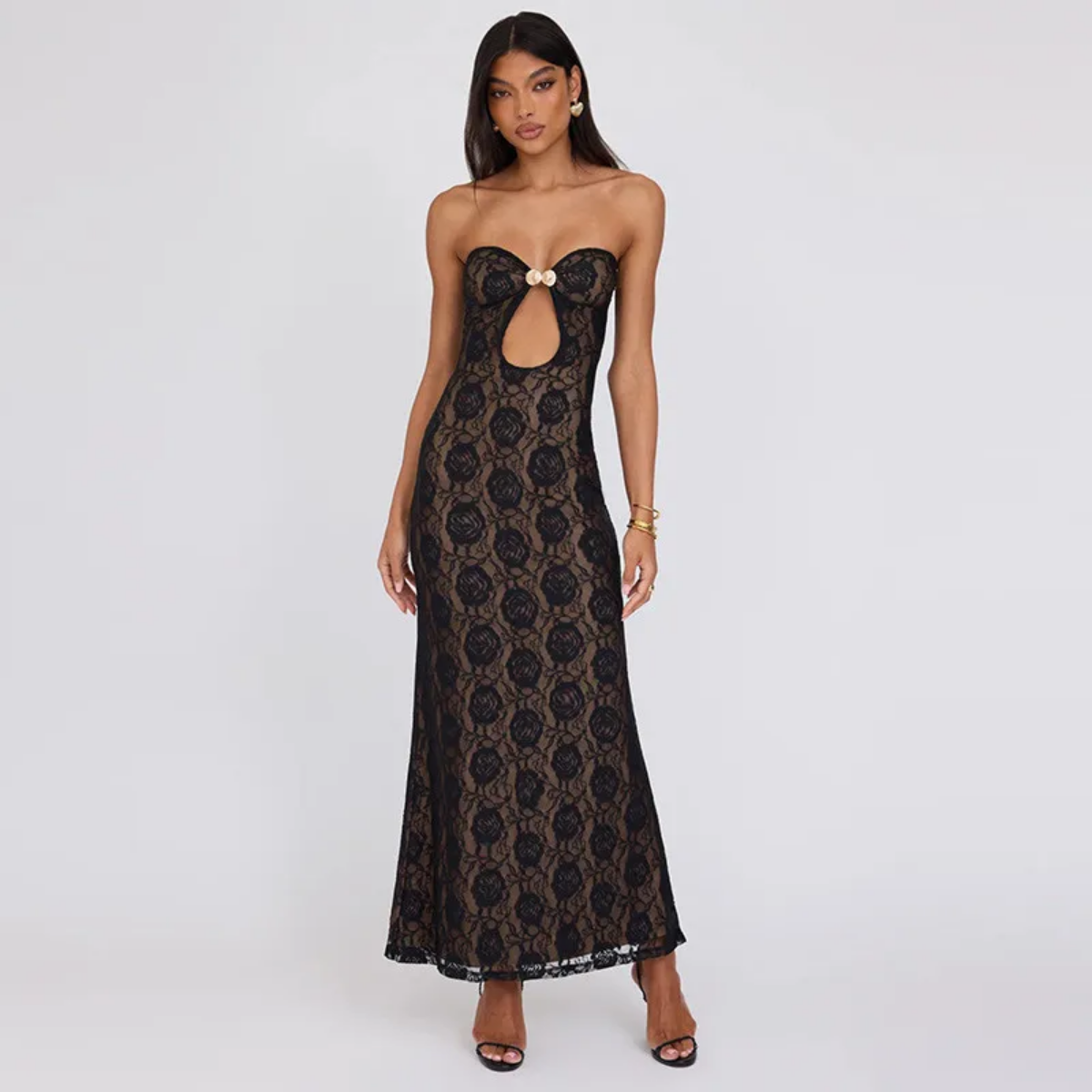 Hollow Out Strapless Lace Sexy Maxi Dress