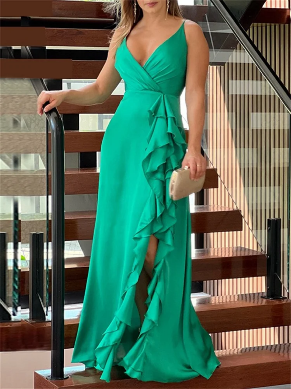 Sexy Fashionable Slip V Neck Nightclub Full Length Maxi Dress