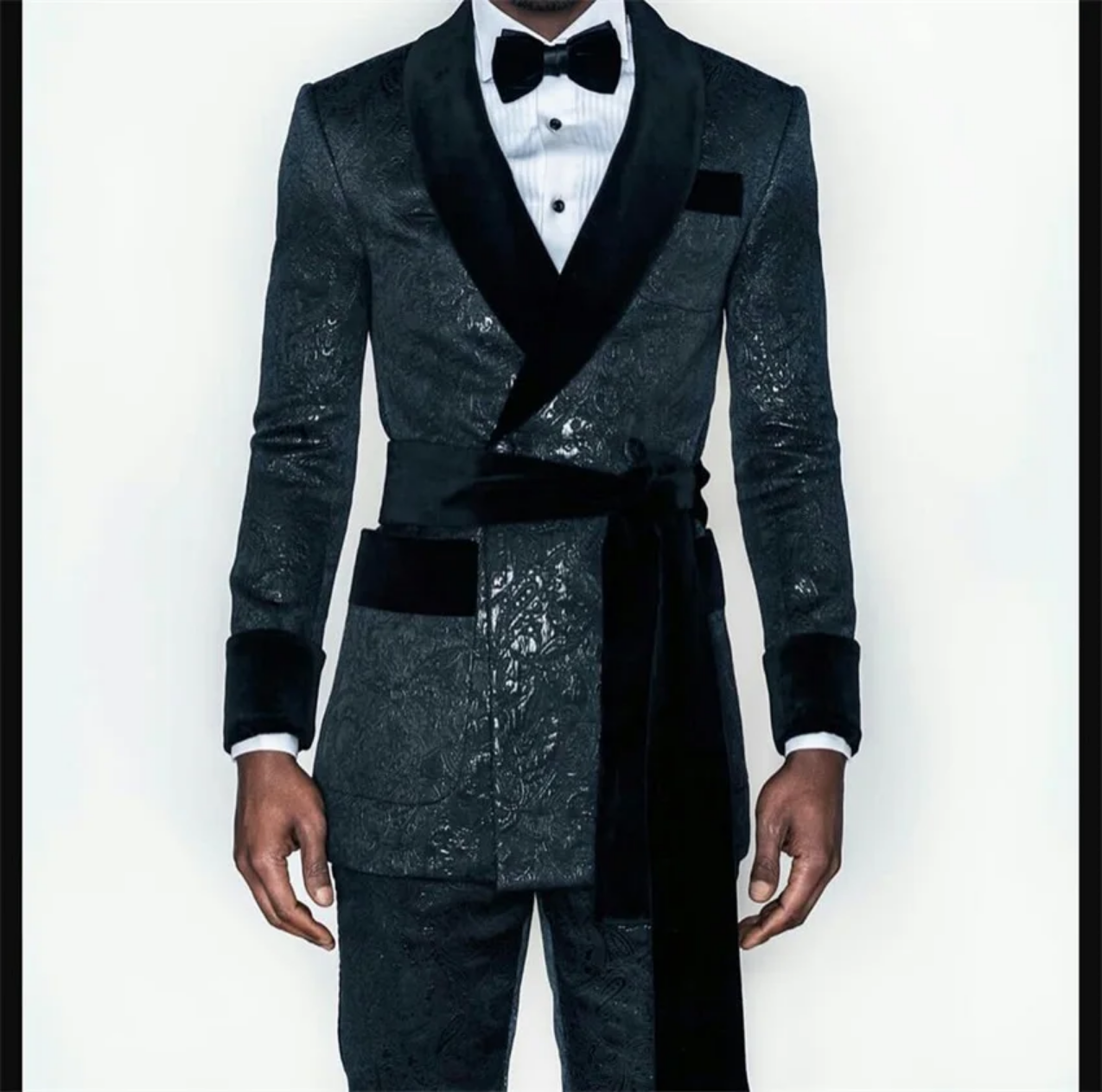 Black Men's Suit with Belt Velvet Lapel Jacquard Wedding Groom Tuxedos