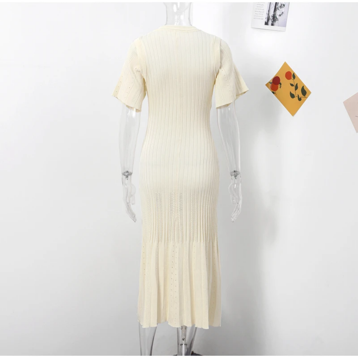 Knitted Hollow Out Short Sleeved  Split O-neck Dress