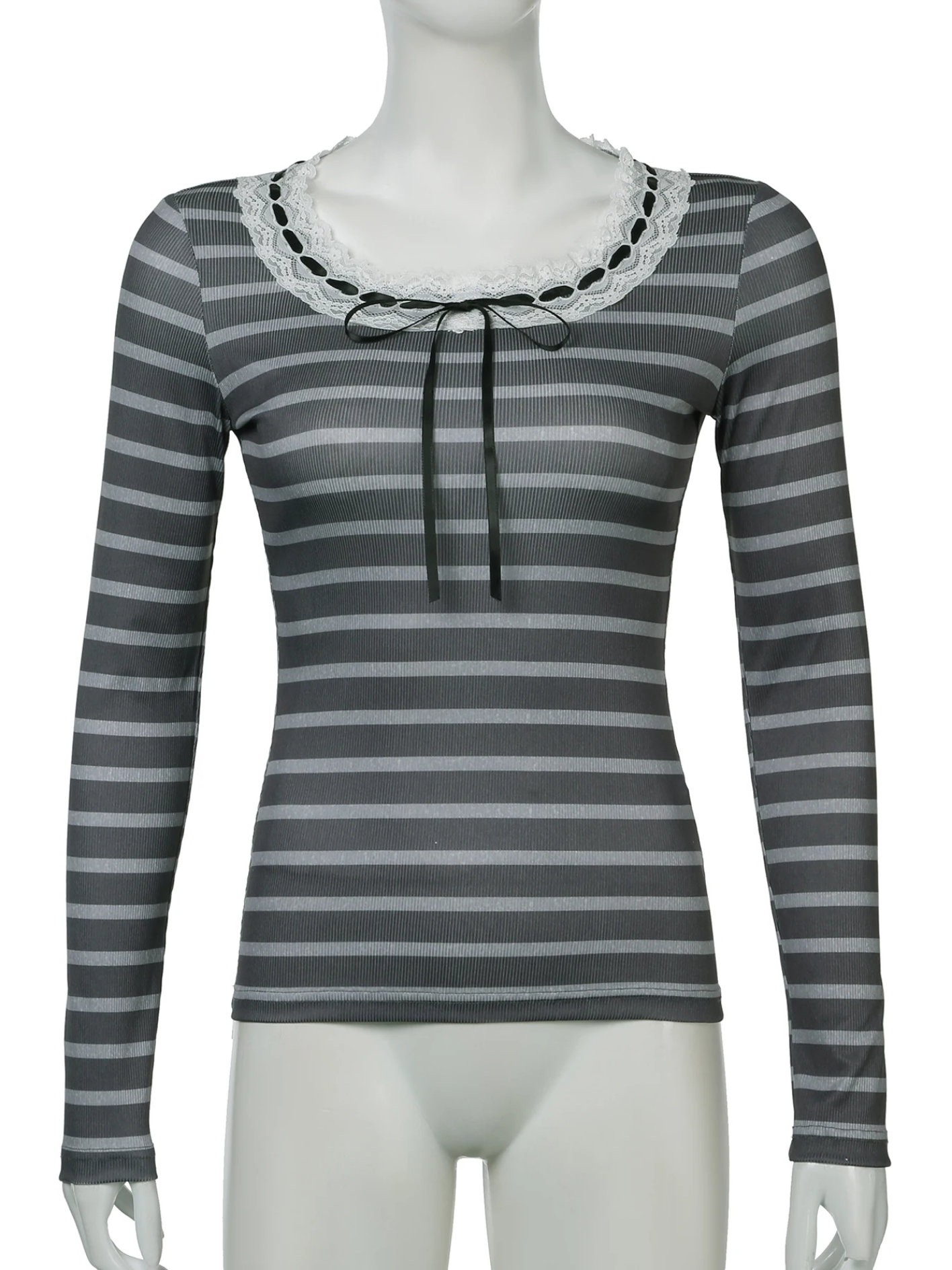 Chic Tie Lace Trim O-neck Striped Long Sleeve T-Shirt