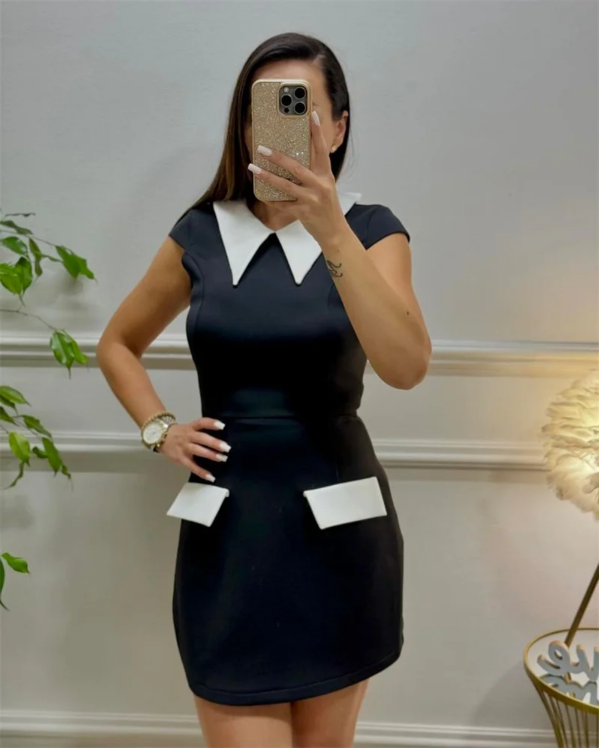 Elegant Fashion A-line  Peter Pan Collar Cap Sleeve Pockets Patchwork Sheath Slim High Waist Mini Dress