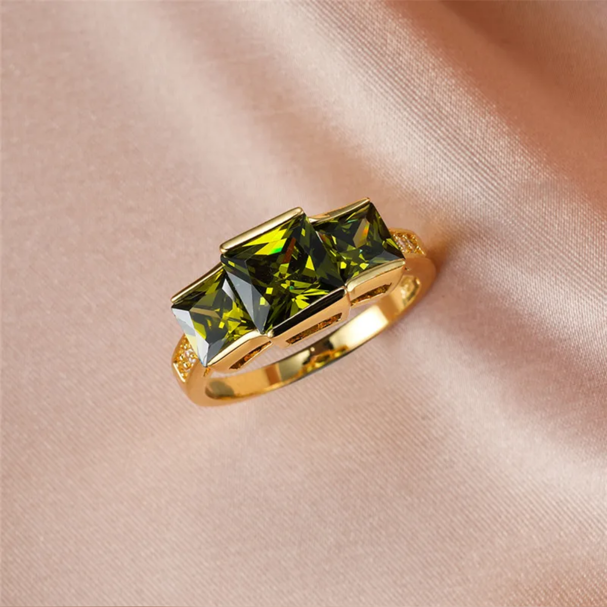 Olive Green Crystal Stone Yellow Gold Color Wedding Rings