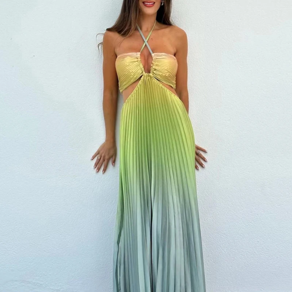 Summer Gradient Print Pleated  Strapless Hollow Bohemian Dress