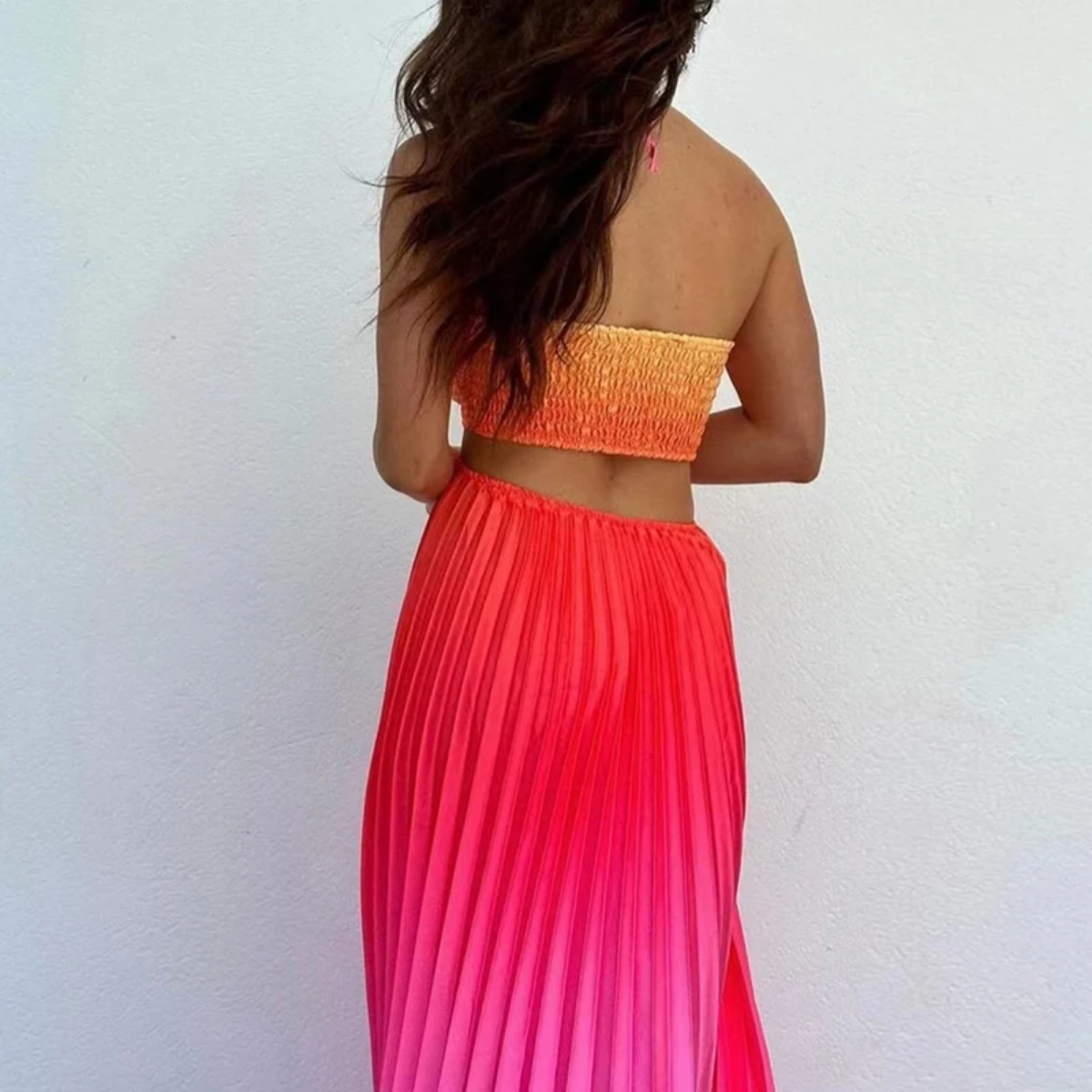 Summer Gradient Print Pleated  Strapless Hollow Bohemian Dress