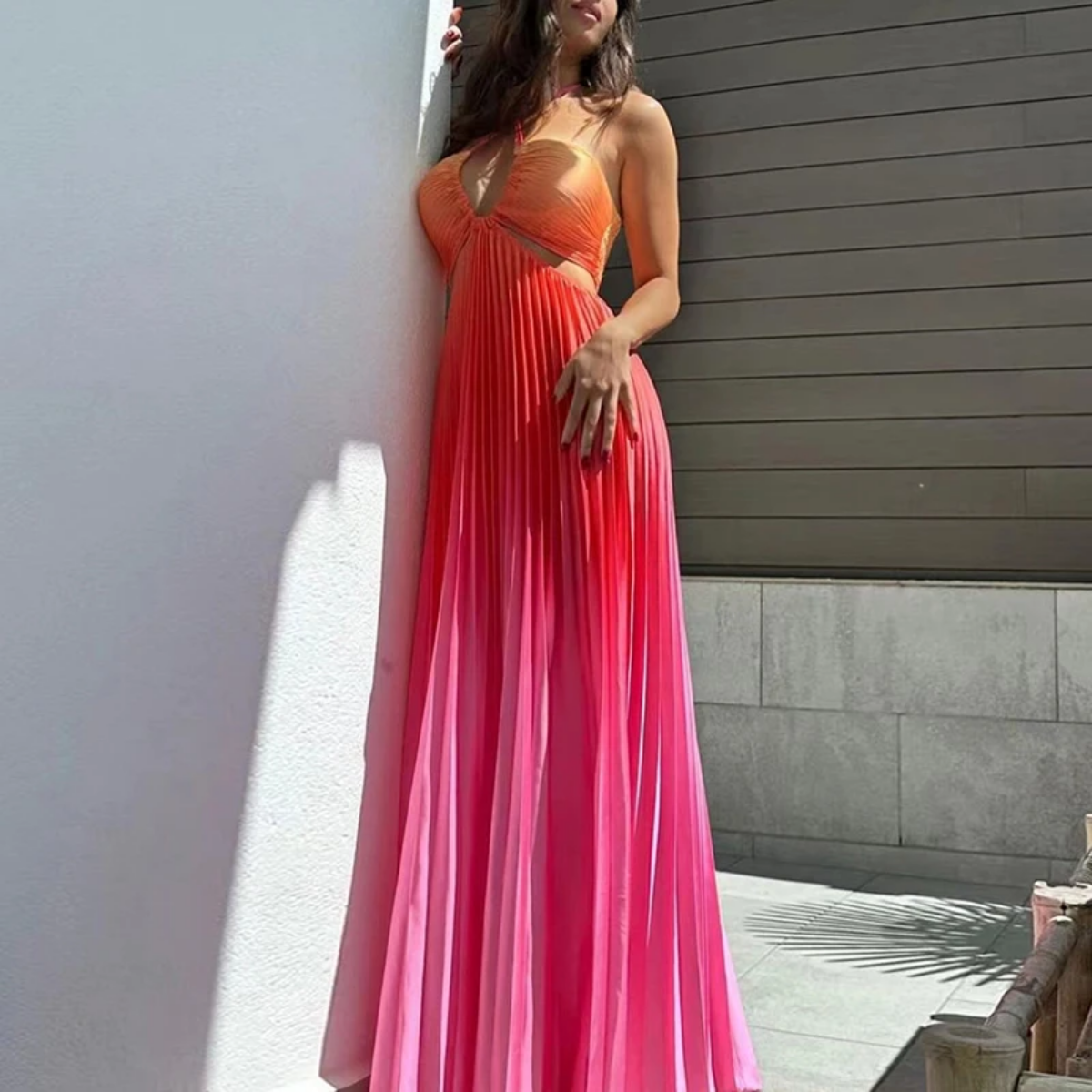 Summer Gradient Print Pleated  Strapless Hollow Bohemian Dress