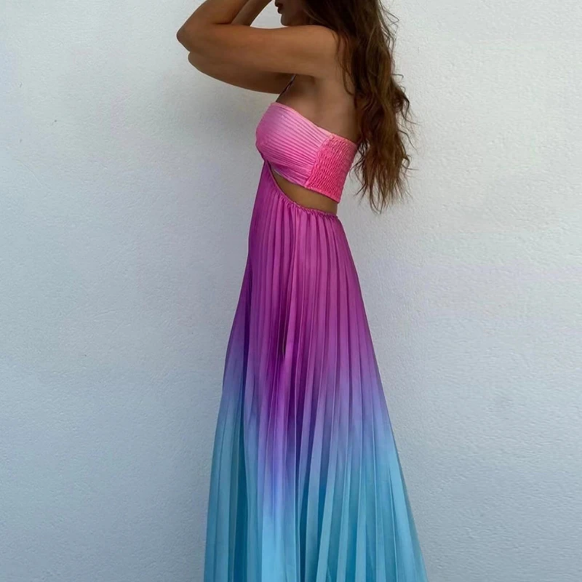 Summer Gradient Print Pleated  Strapless Hollow Bohemian Dress