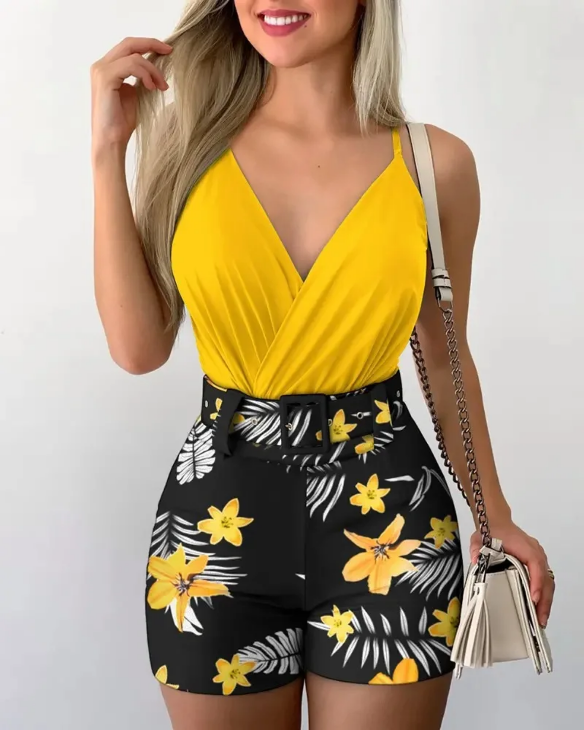 Summer  2024 Fashion Deep V-neck Belt Beach Style Holiday Style Casual Sexy Two-piece Set