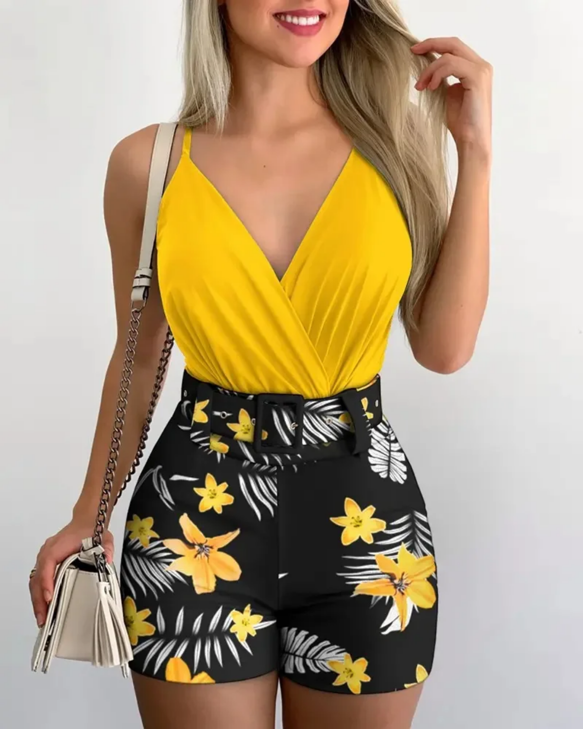 Summer  2024 Fashion Deep V-neck Belt Beach Style Holiday Style Casual Sexy Two-piece Set