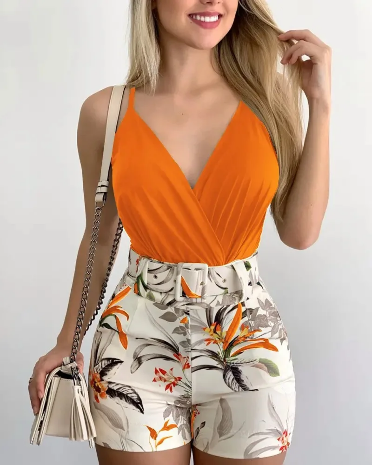 Summer  2024 Fashion Deep V-neck Belt Beach Style Holiday Style Casual Sexy Two-piece Set