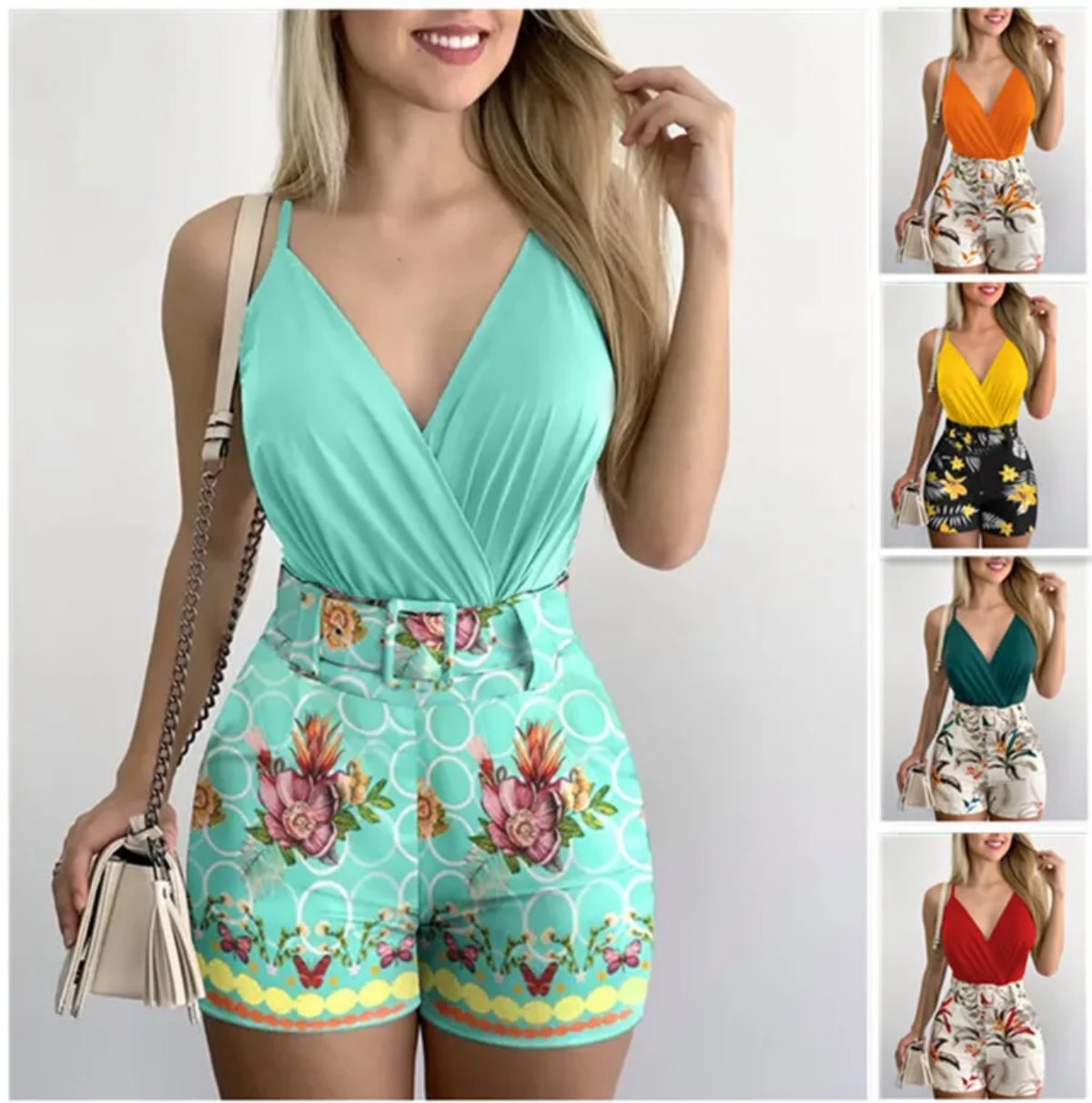 Summer  2024 Fashion Deep V-neck Belt Beach Style Holiday Style Casual Sexy Two-piece Set