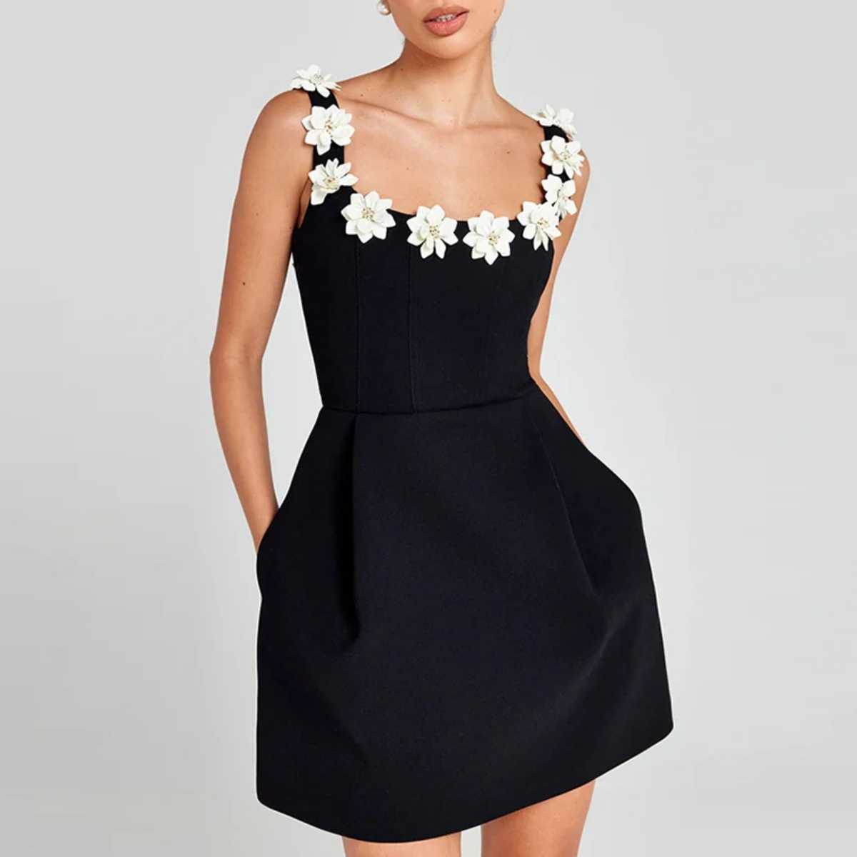 Elegant Floral Edge Sleeveless Backless Pocket  Mini Dress