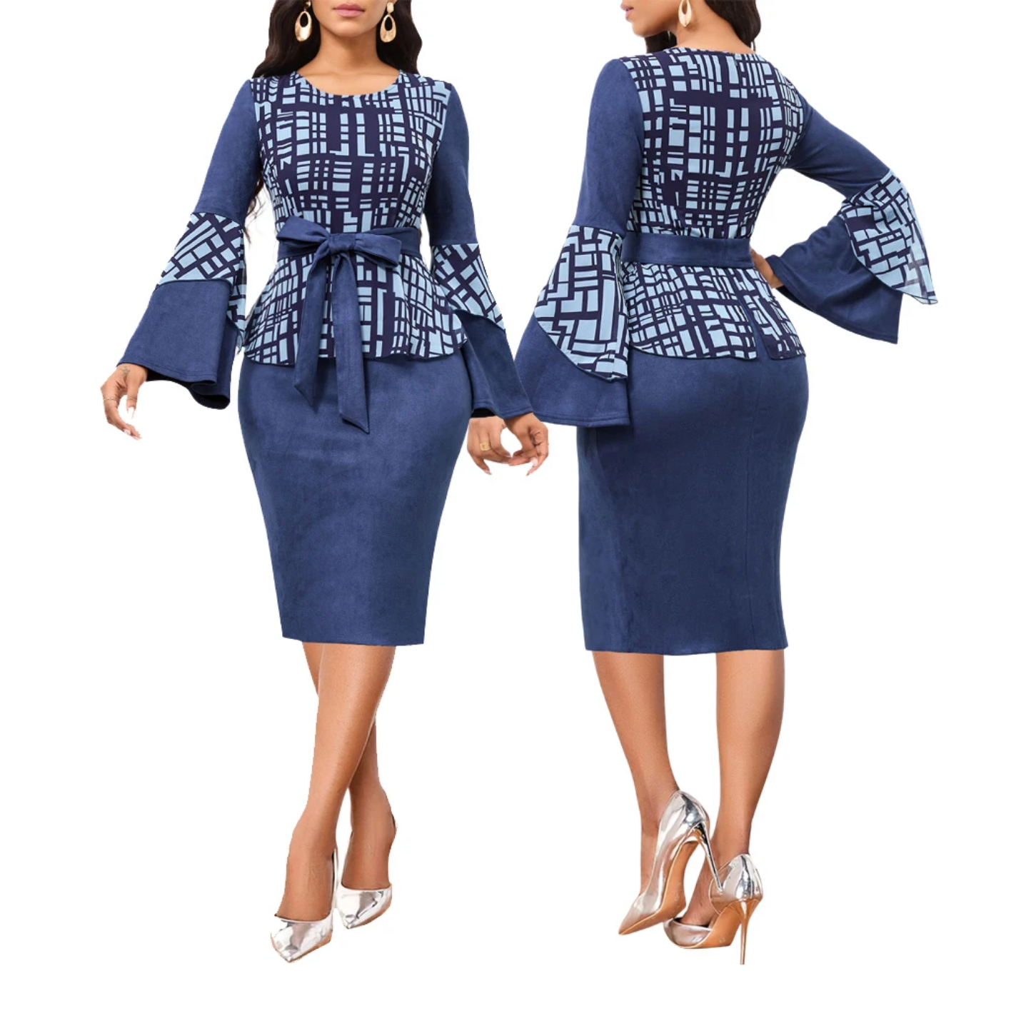 Geometric Printed Flared Sleeves with Lace Up Dress