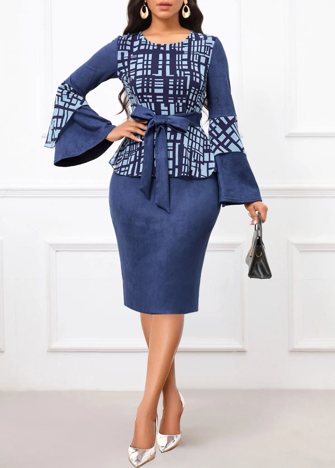 Geometric Printed Flared Sleeves with Lace Up Dress