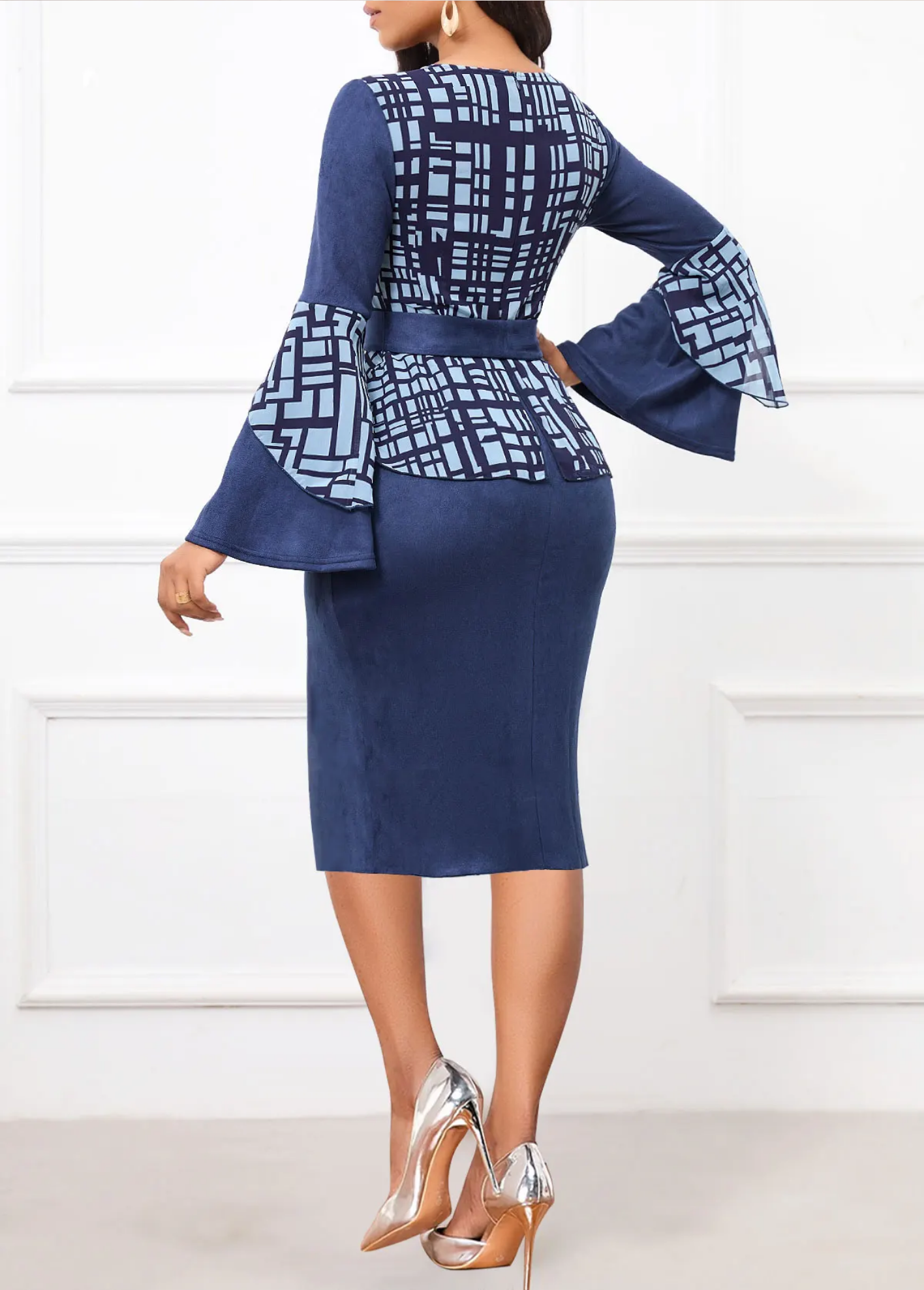 Geometric Printed Flared Sleeves with Lace Up Dress