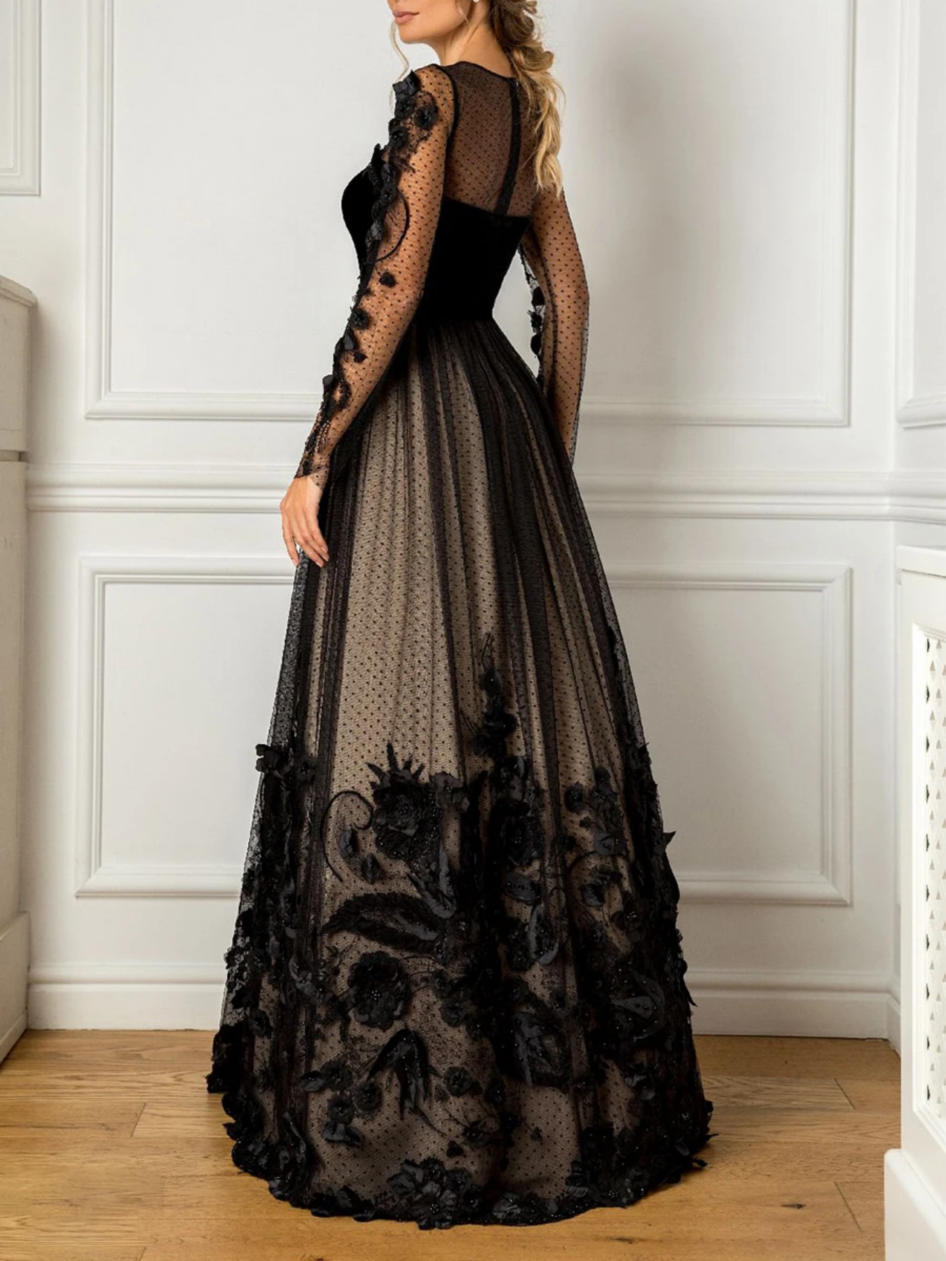 Applique BeadingLong Sleeve Lace   Floor Length Illusion Black Evening Dresses