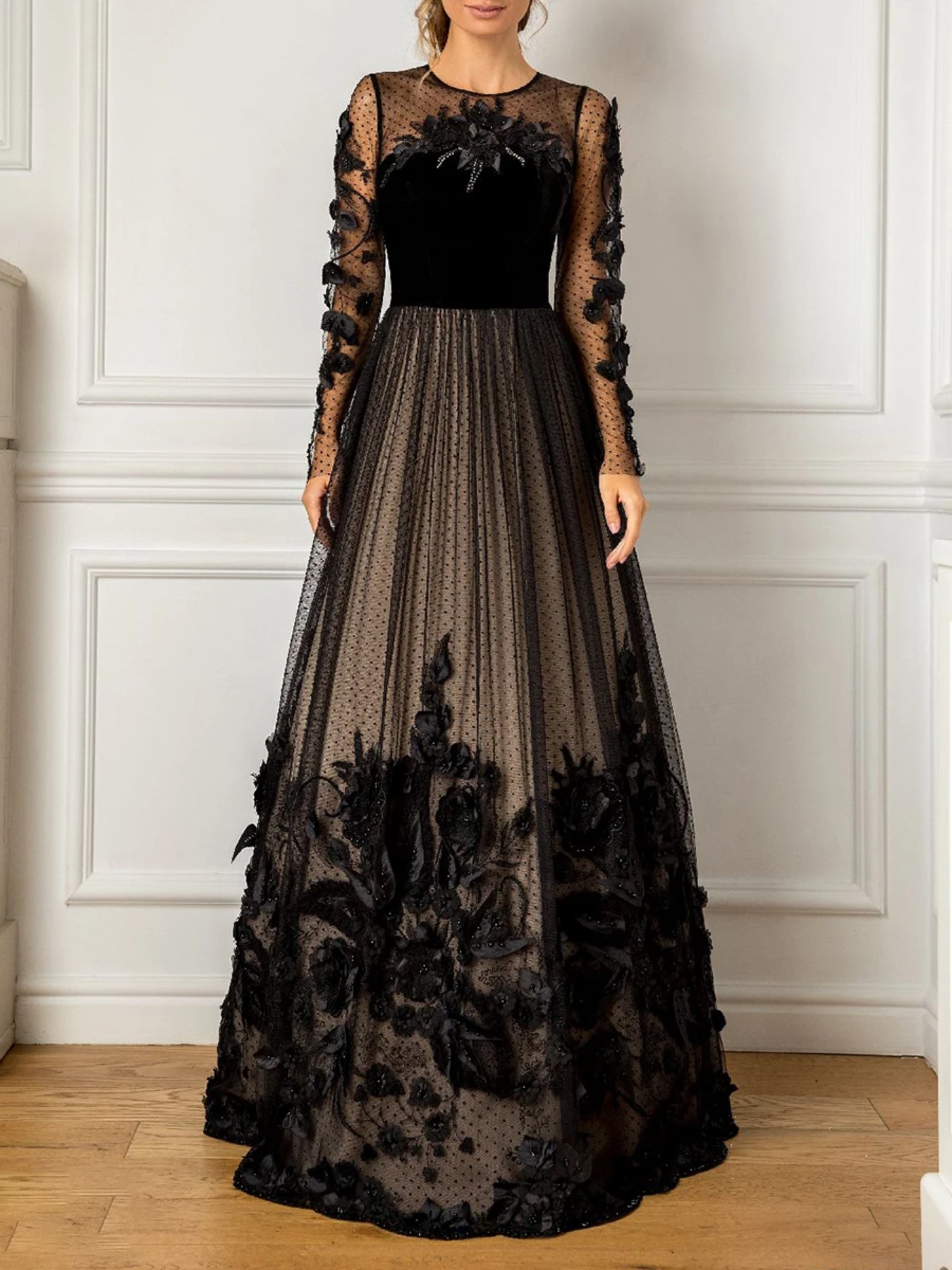 Applique BeadingLong Sleeve Lace   Floor Length Illusion Black Evening Dresses