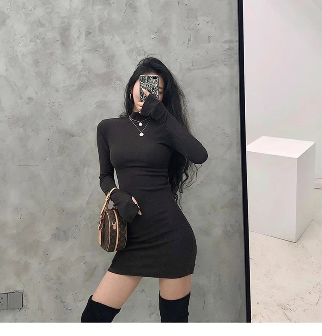 2024 Spring Fall Korean Style  Solid Turtleneck Cropped Dress