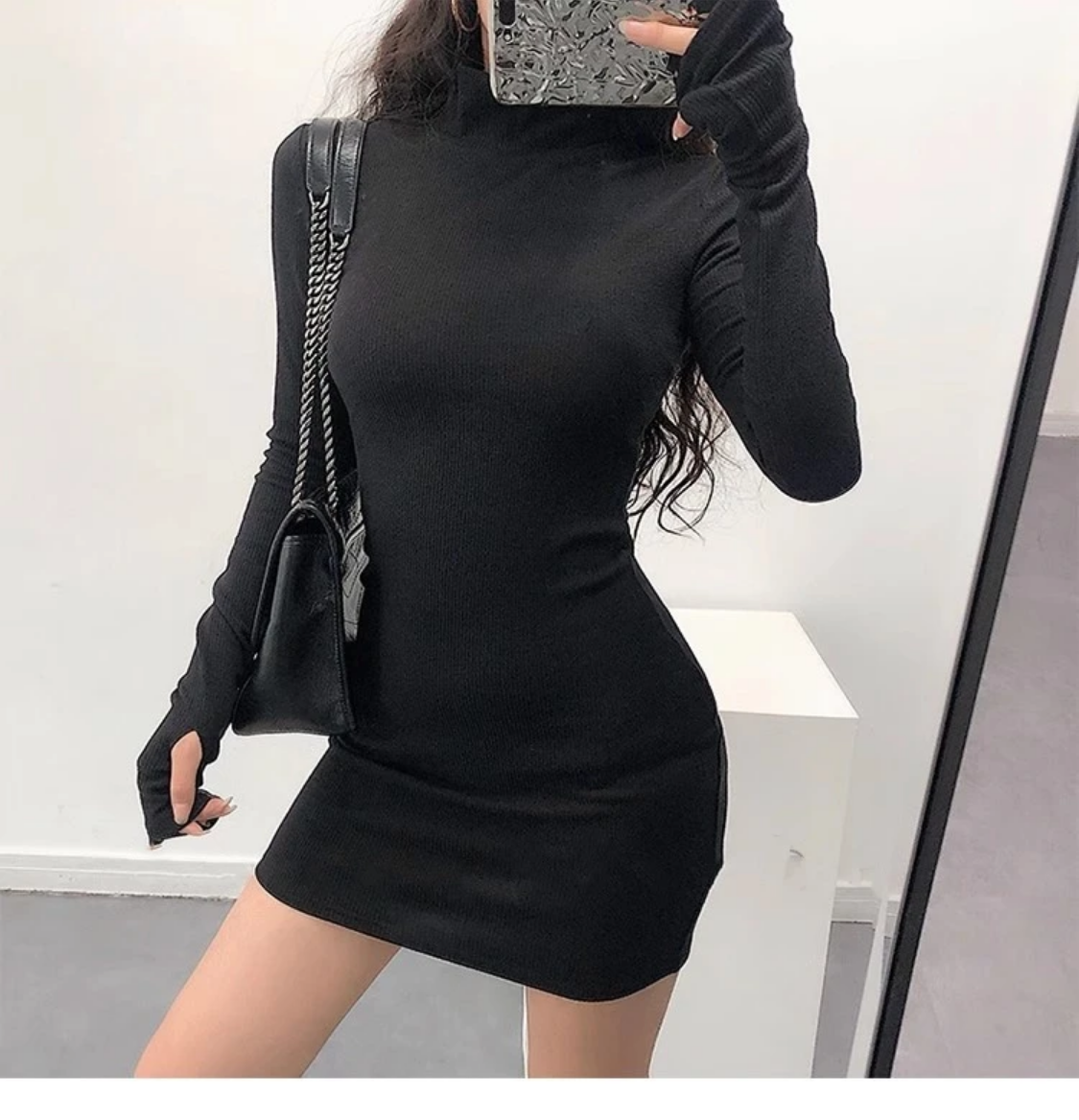 2024 Spring Fall Korean Style  Solid Turtleneck Cropped Dress