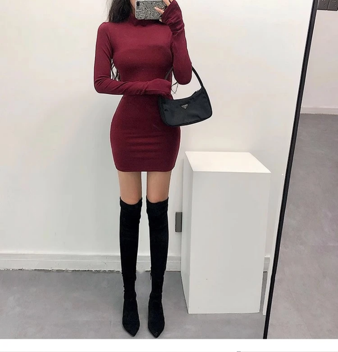 2024 Spring Fall Korean Style  Solid Turtleneck Cropped Dress