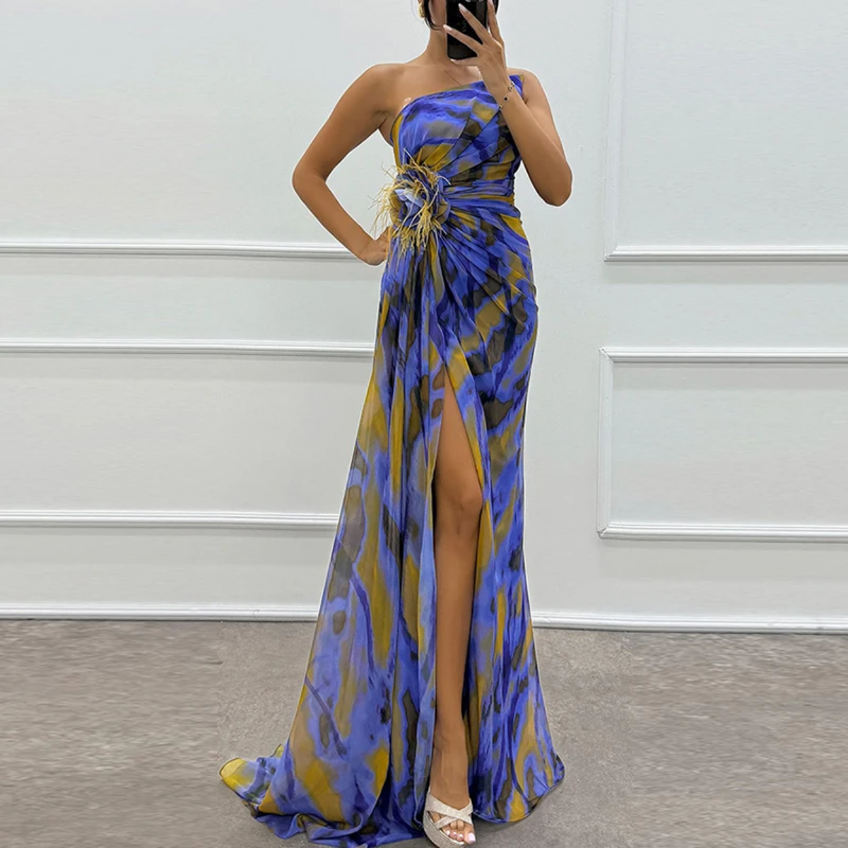 Sexy Sleeveless Backless High Split Contrast Printed Chiffon Dress