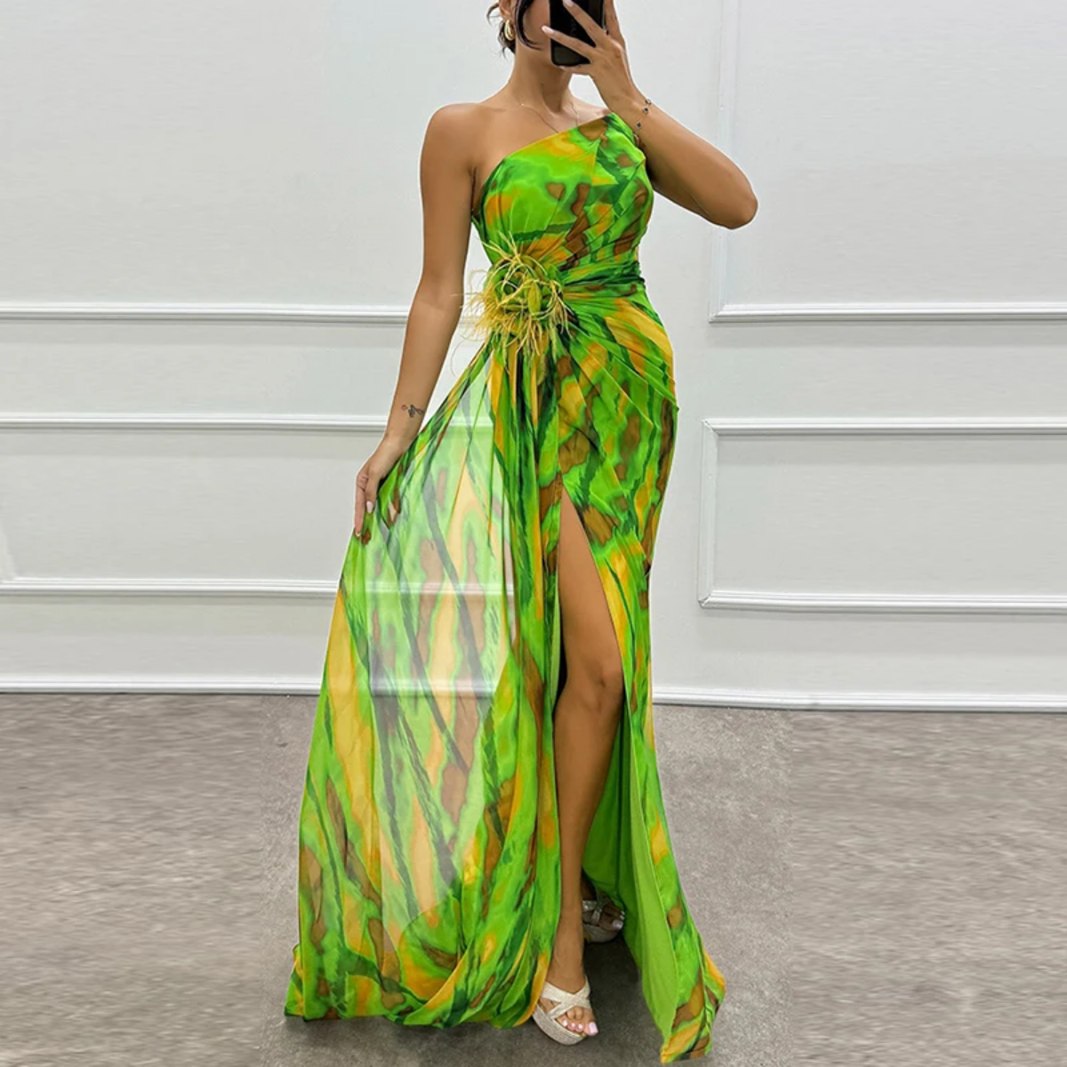 Sexy Sleeveless Backless High Split Contrast Printed Chiffon Dress