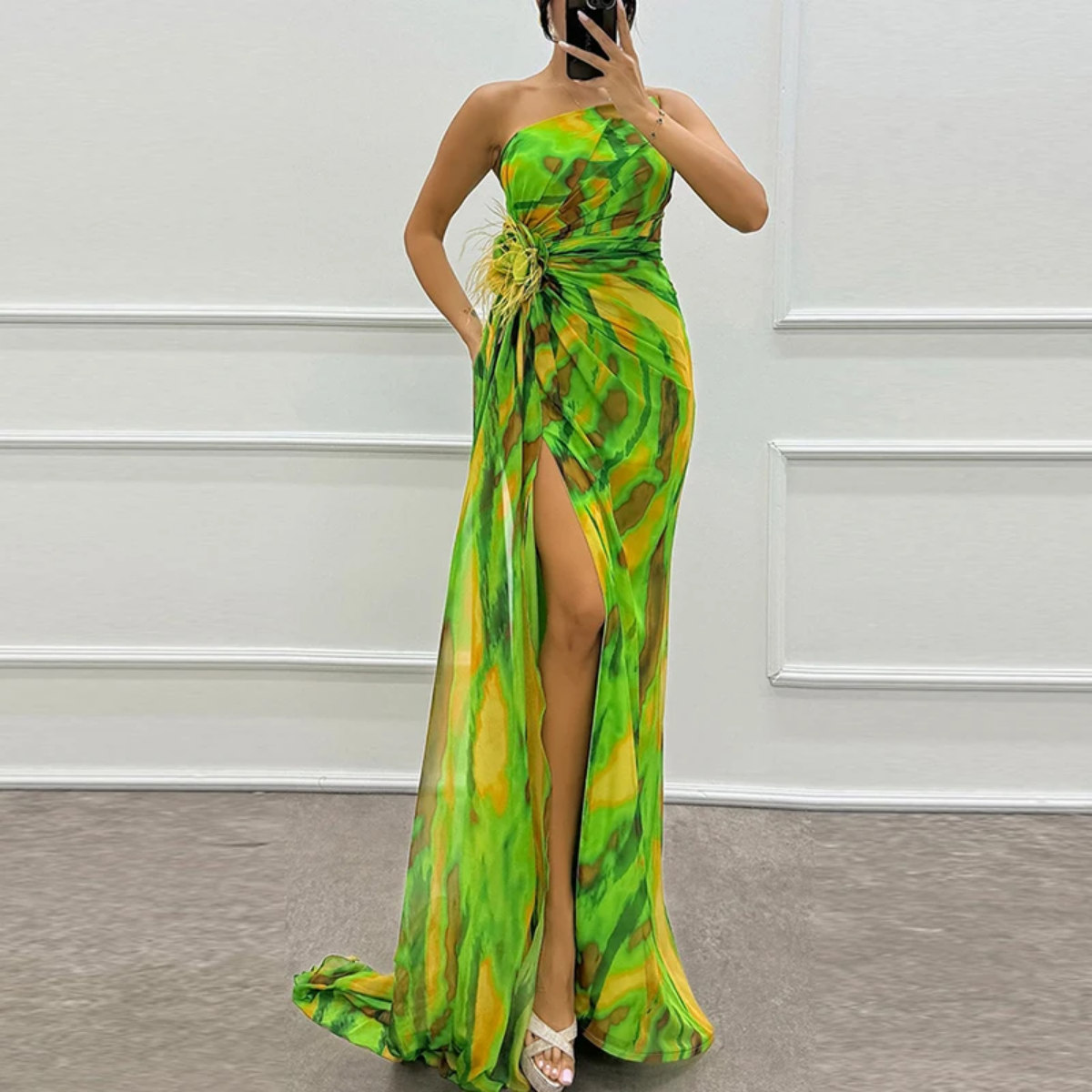 Sexy Sleeveless Backless High Split Contrast Printed Chiffon Dress