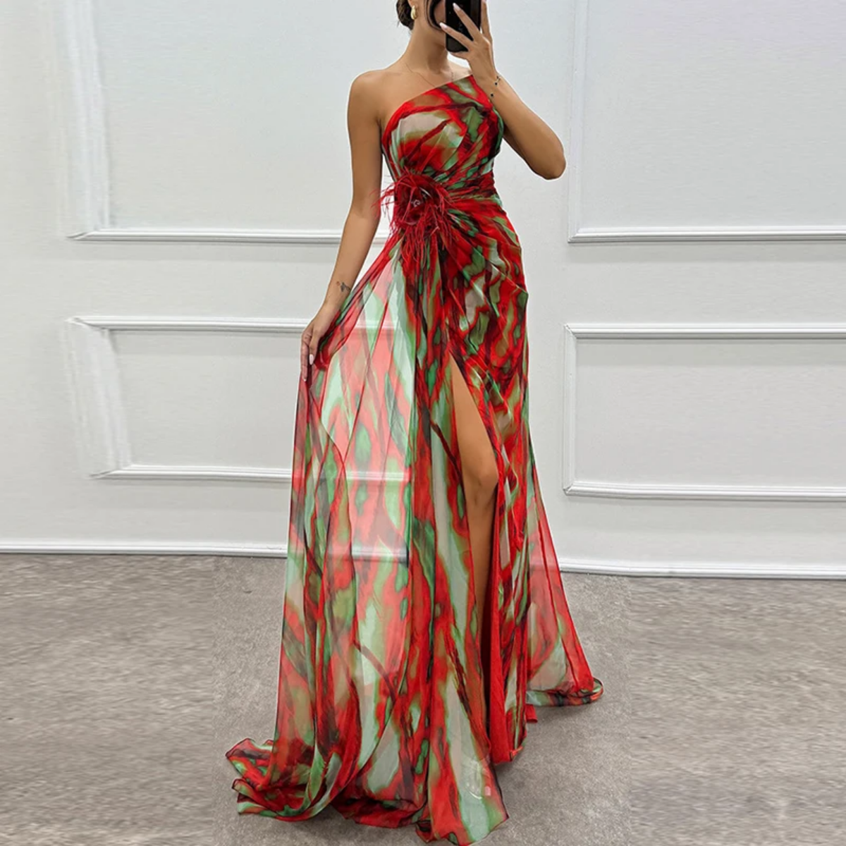 Sexy Sleeveless Backless High Split Contrast Printed Chiffon Dress