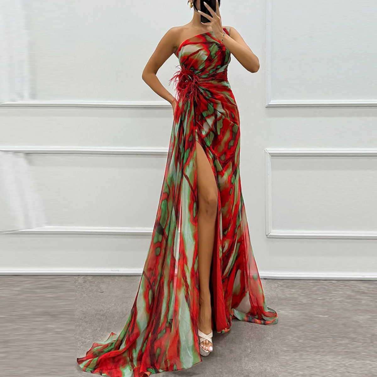 Sexy Sleeveless Backless High Split Contrast Printed Chiffon Dress